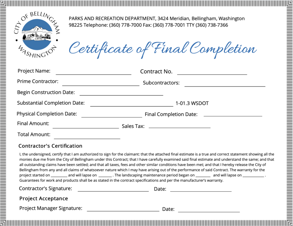 sample construction project completion certificate template