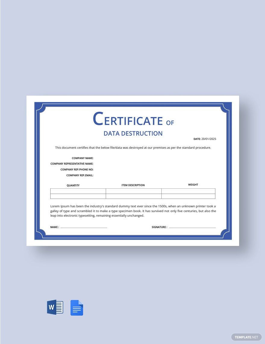 sample Data Destruction Certificate template