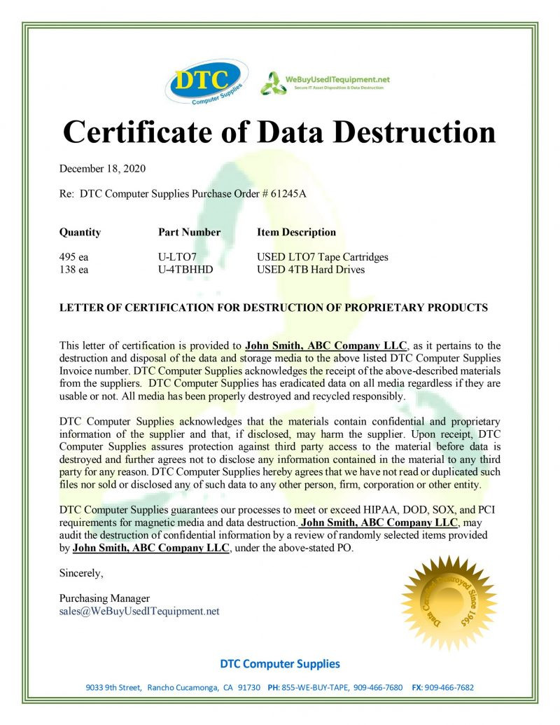 sample Data Destruction Certificate template