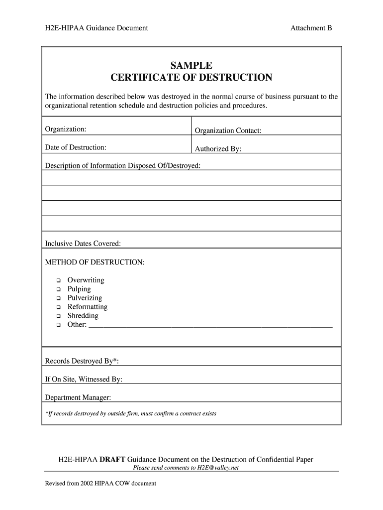 sample Destruction Certificate template