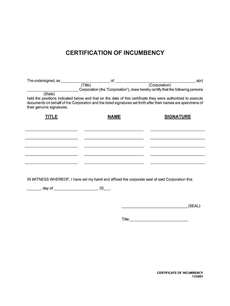 sample Incumbency Certificate template