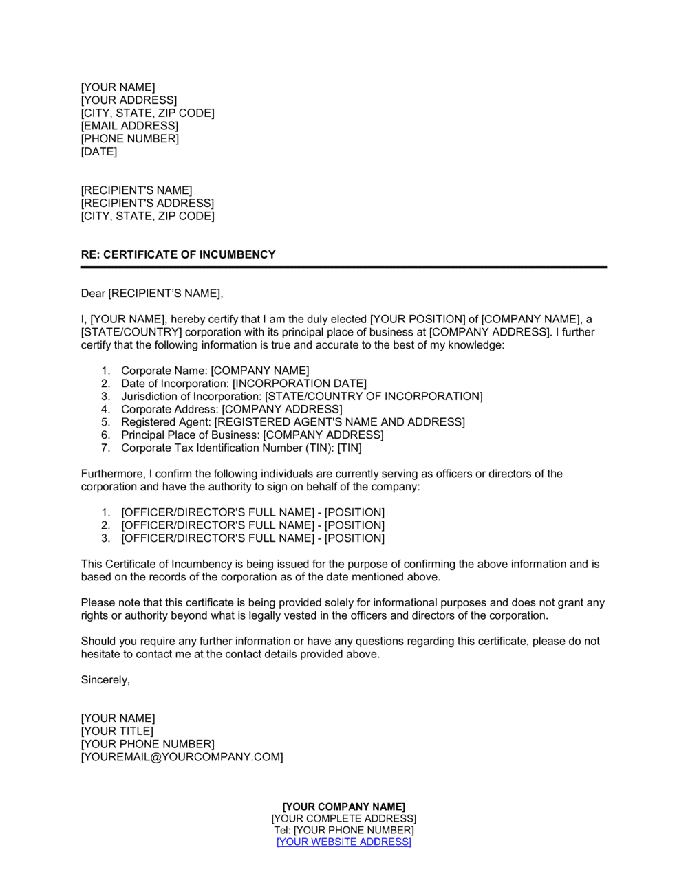 sample Incumbency Certificate template