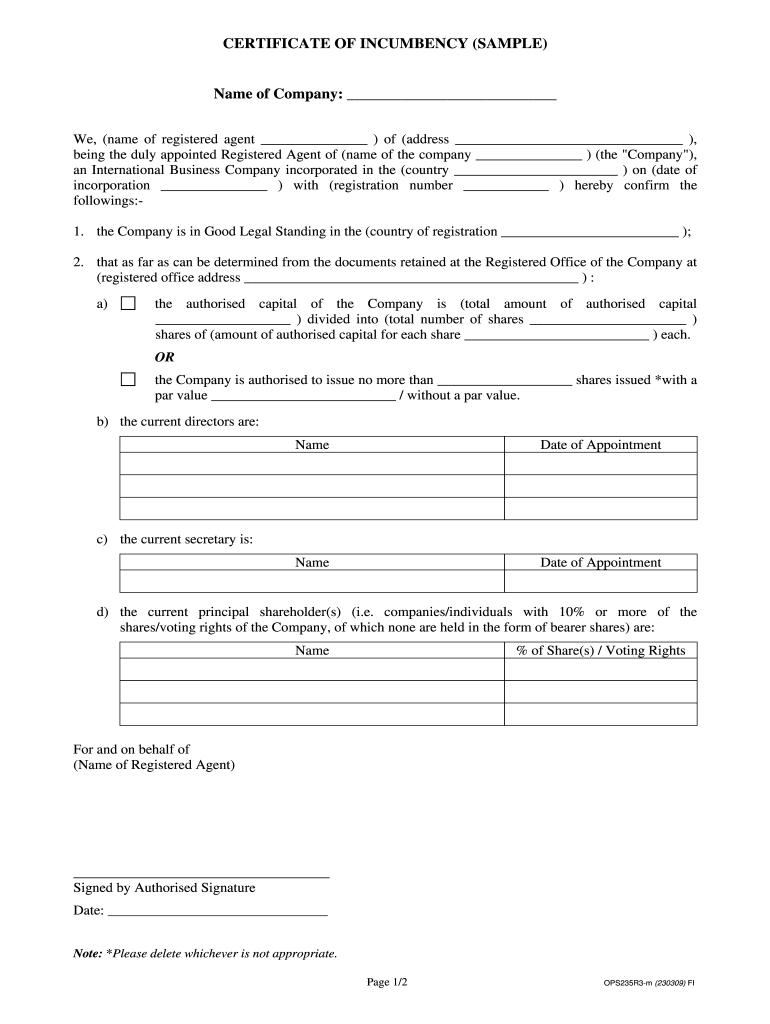 sample Incumbency Certificate template