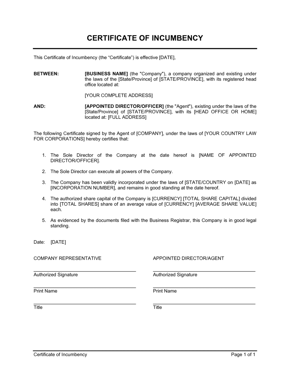 sample Incumbency Certificate template