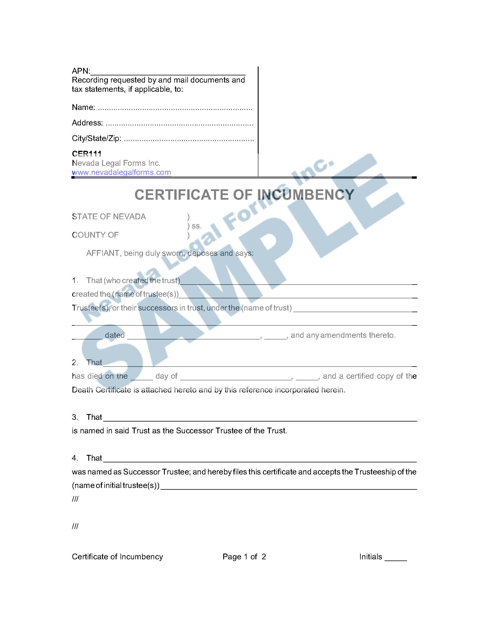 sample Incumbency Certificate template