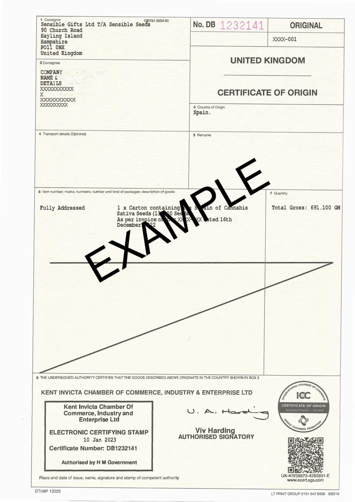 sample origin certificate template