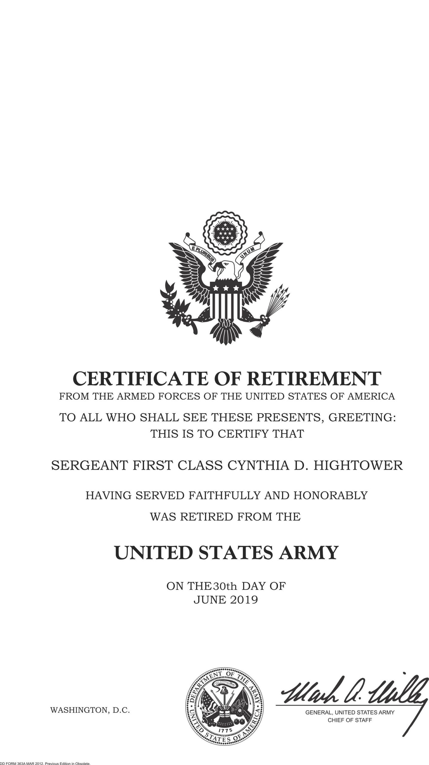 sample Retirement Certificate template