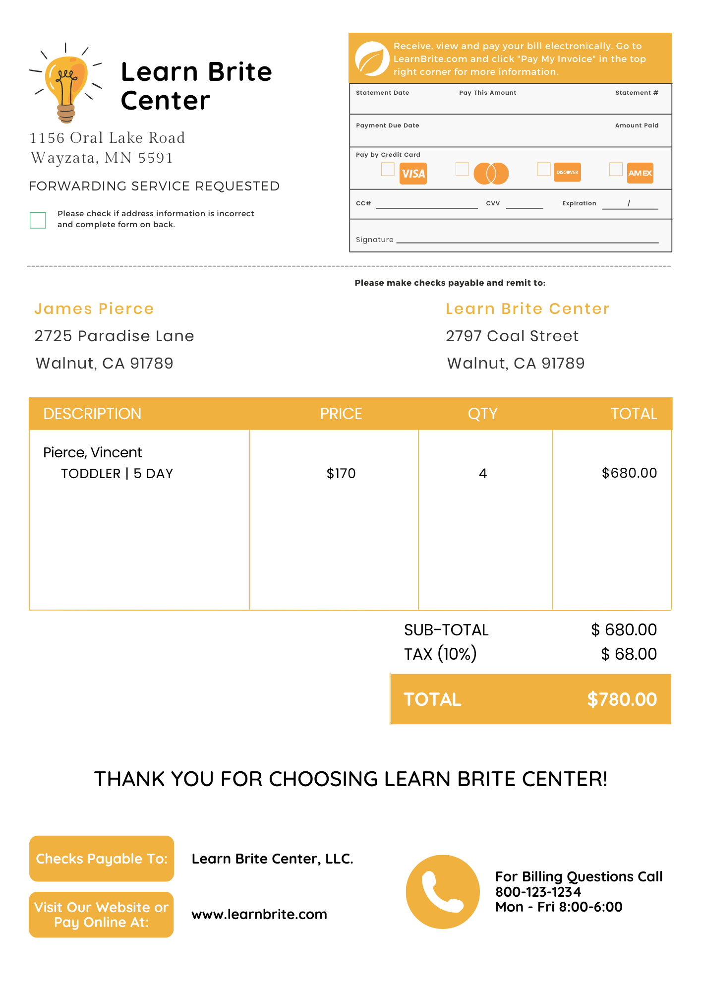 sample childcare invoice template