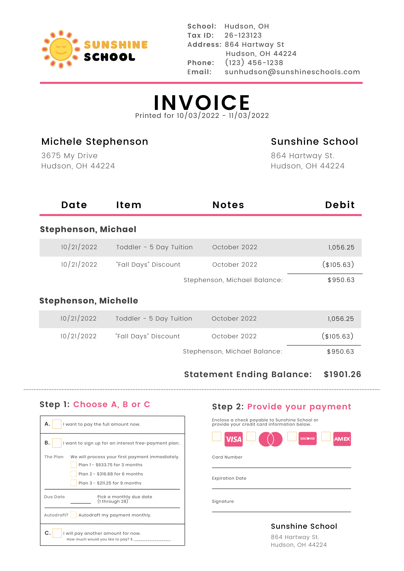 sample childcare invoice template