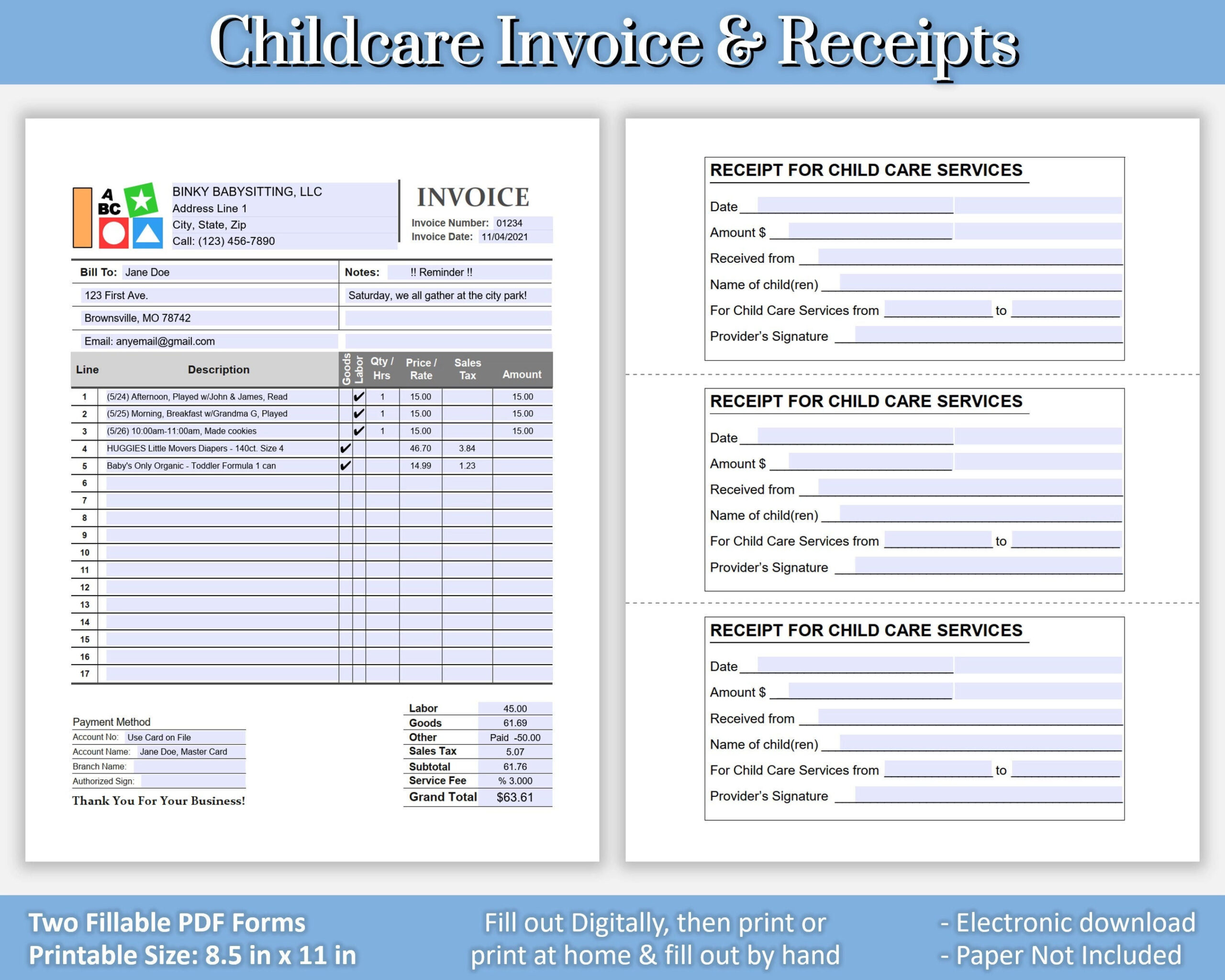 sample babysitter invoice template