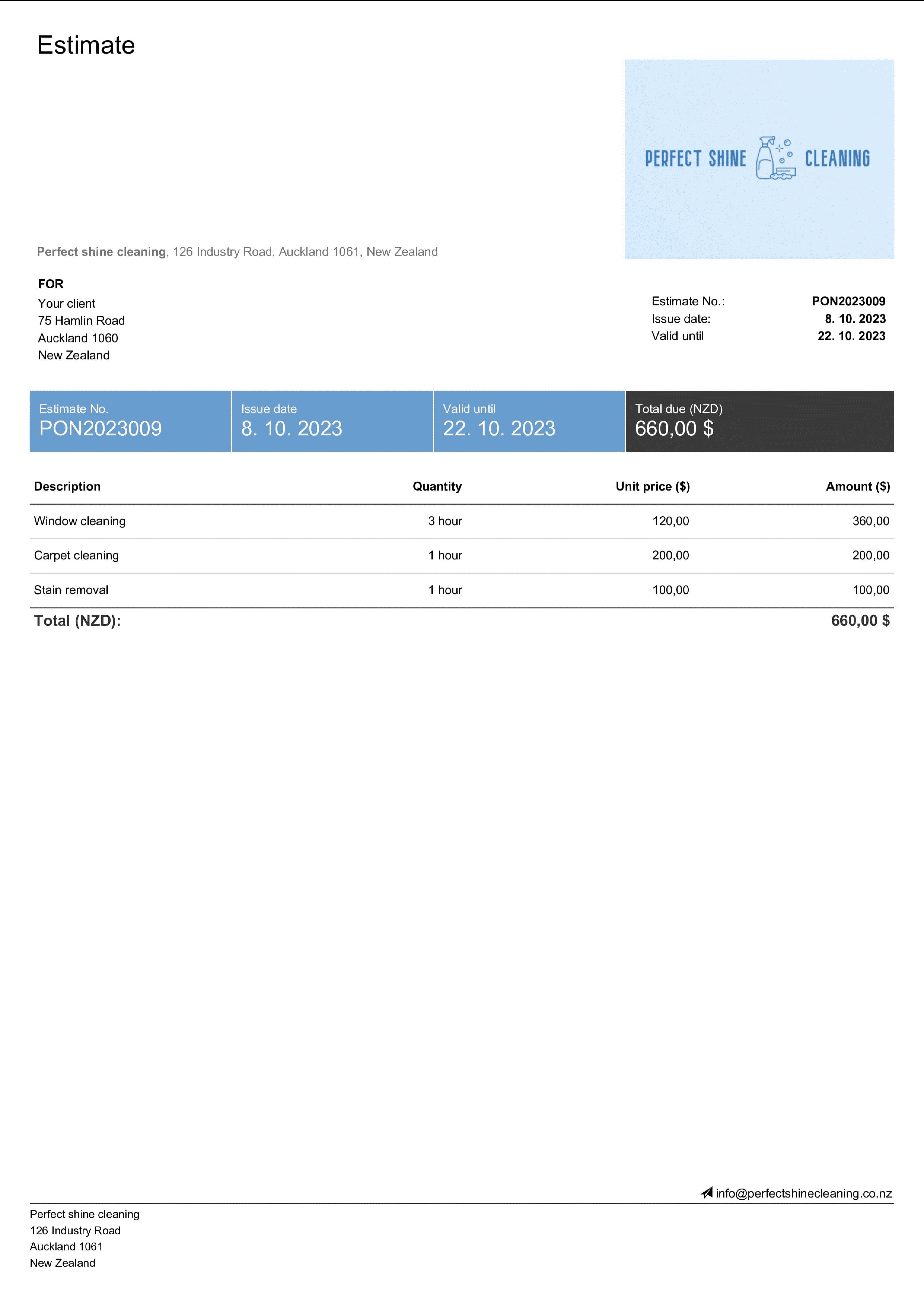 sample cleaning estimate template