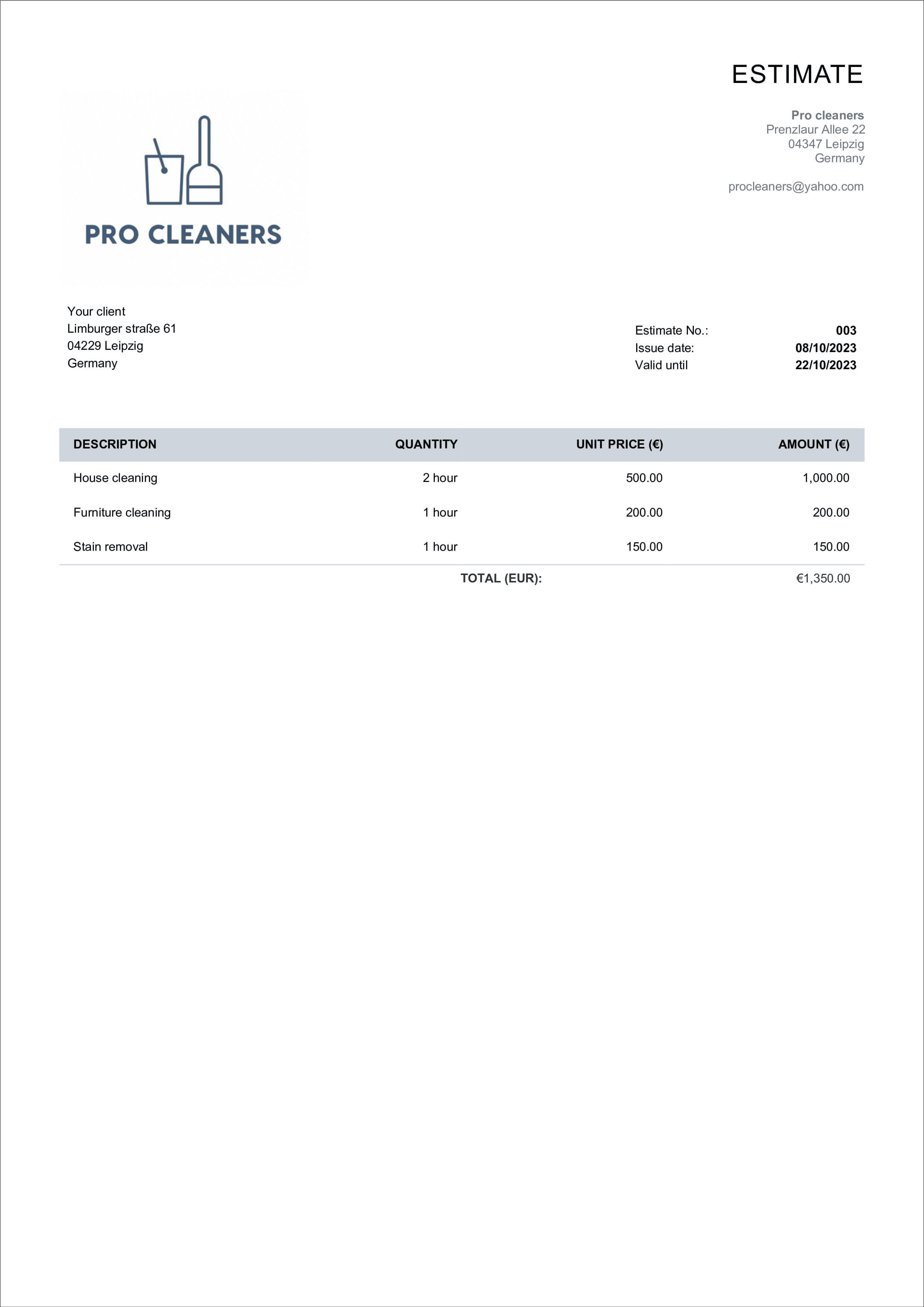 sample cleaning estimate template