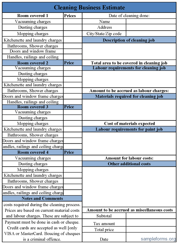 sample cleaning estimate template