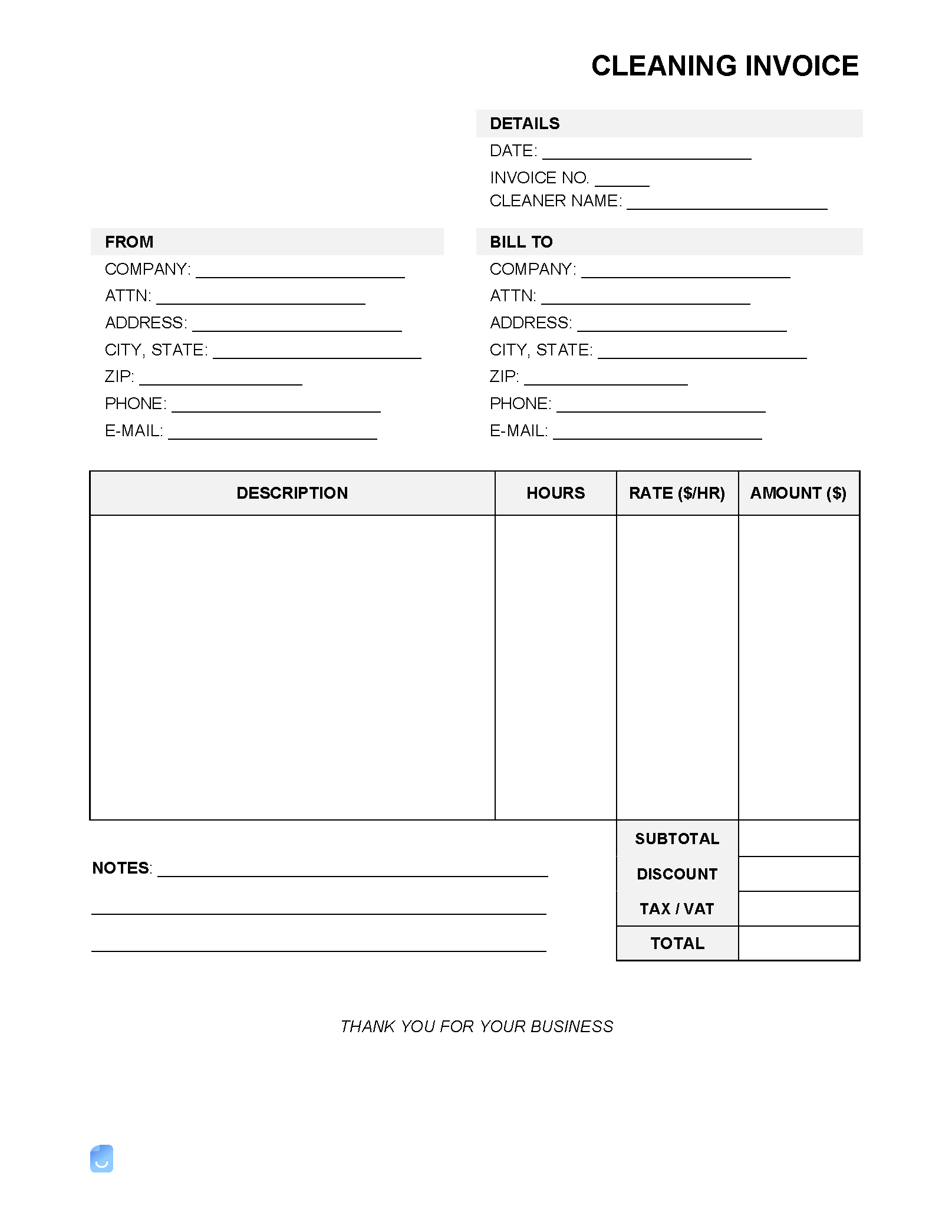 sample cleaning business invoice template