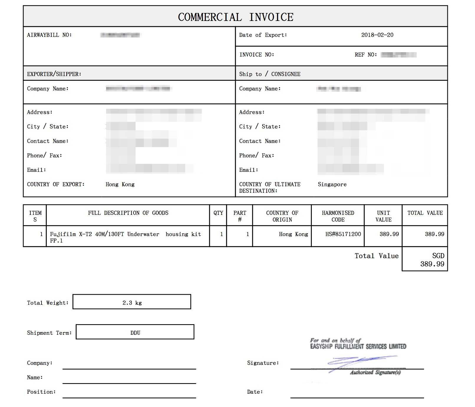 sample international shipping commercial invoice template