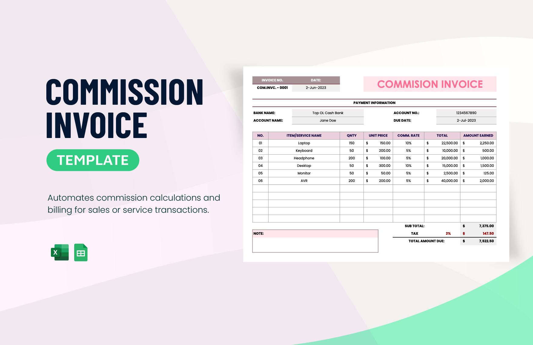 sample commission invoice template