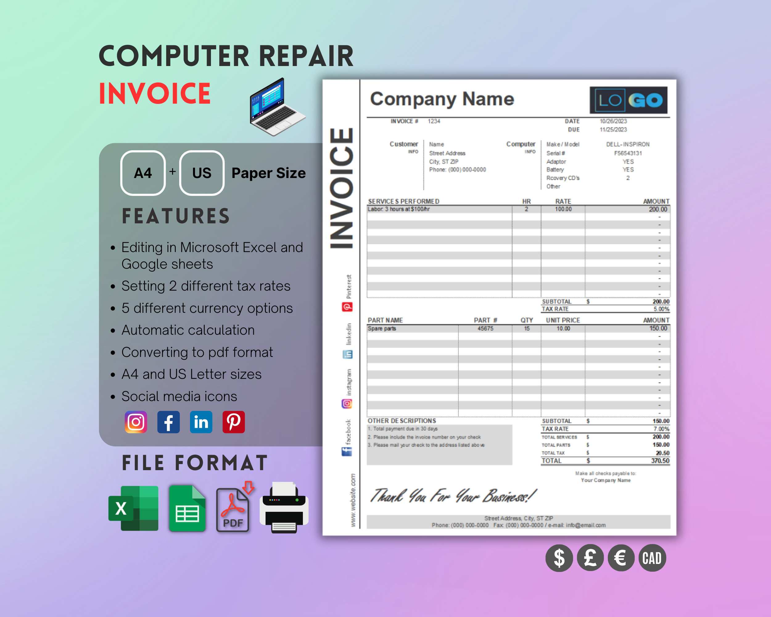 sample computer repair invoice template