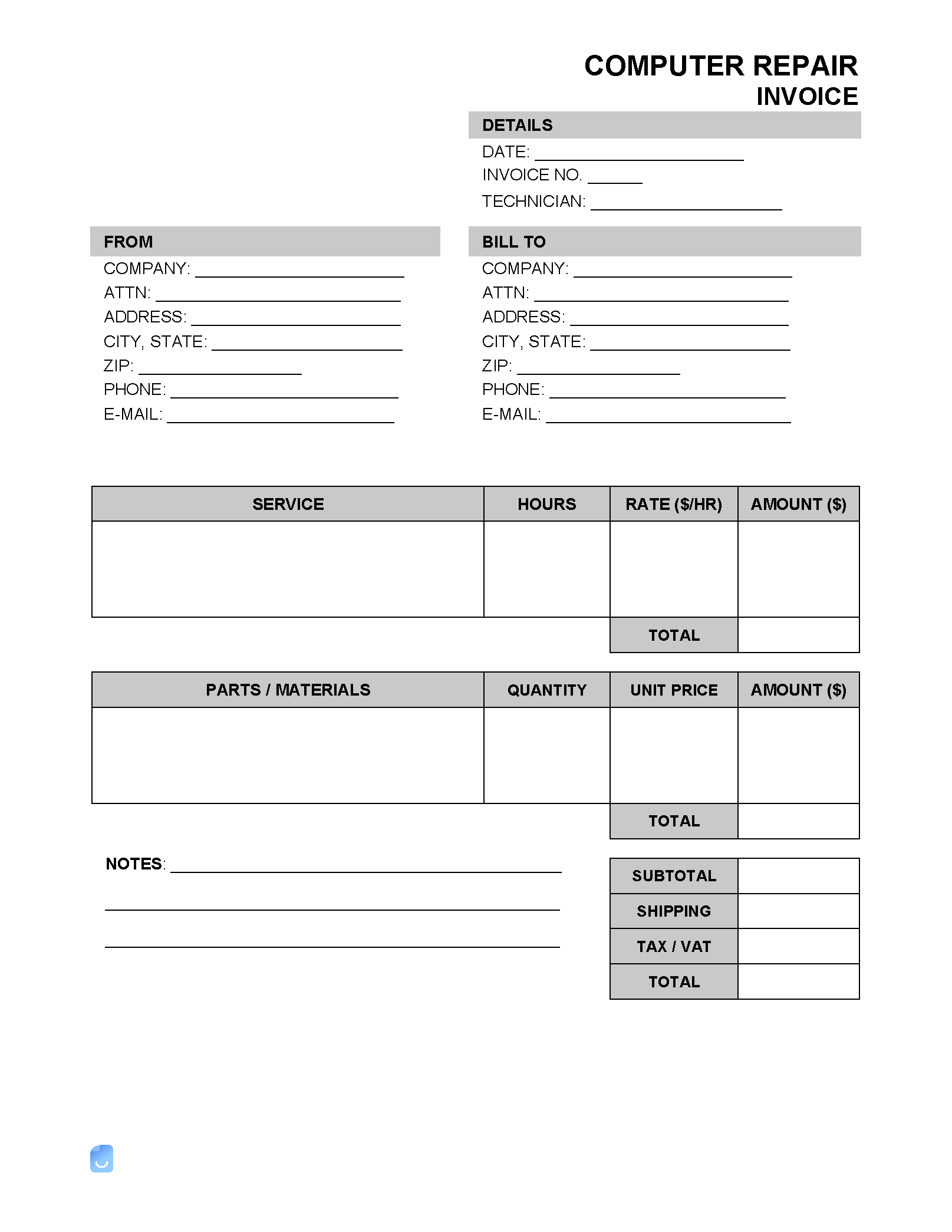 sample computer repair invoice template