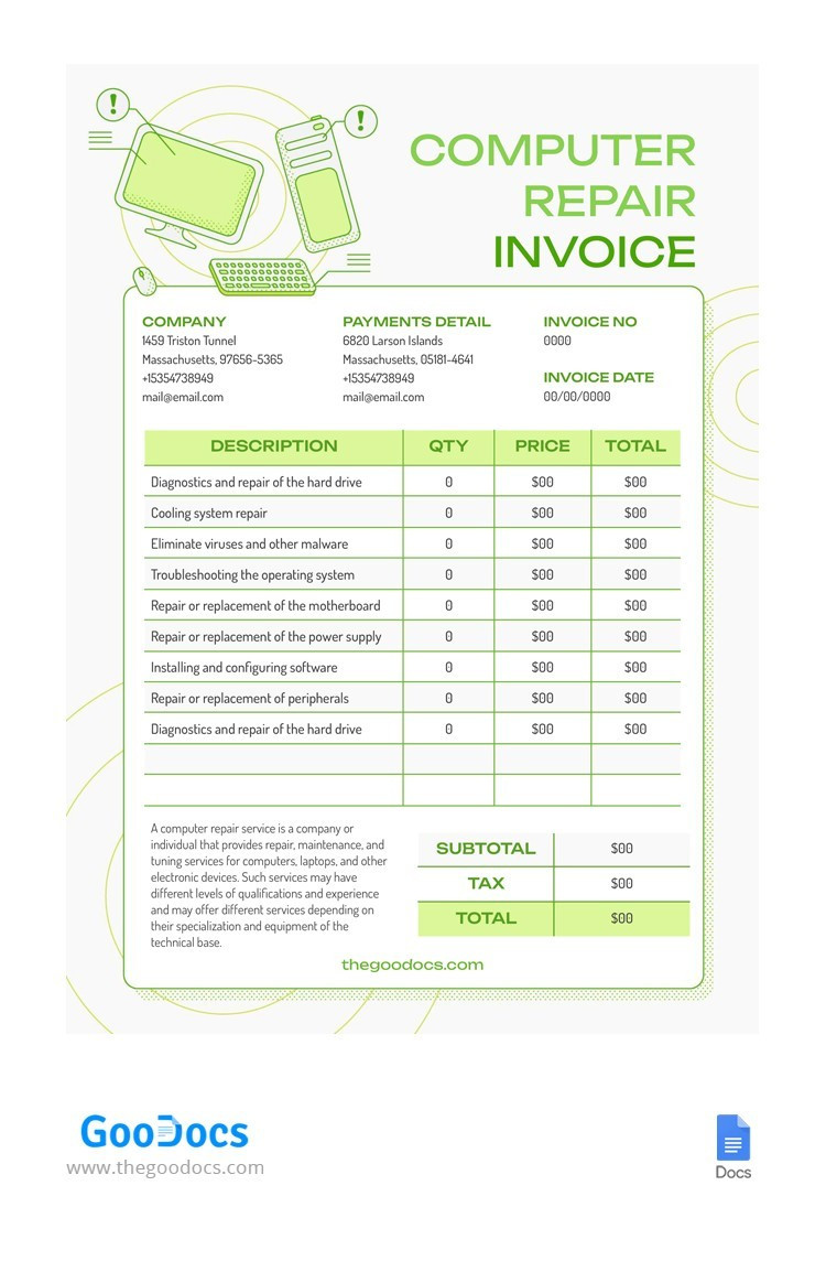 sample computer repair invoice template