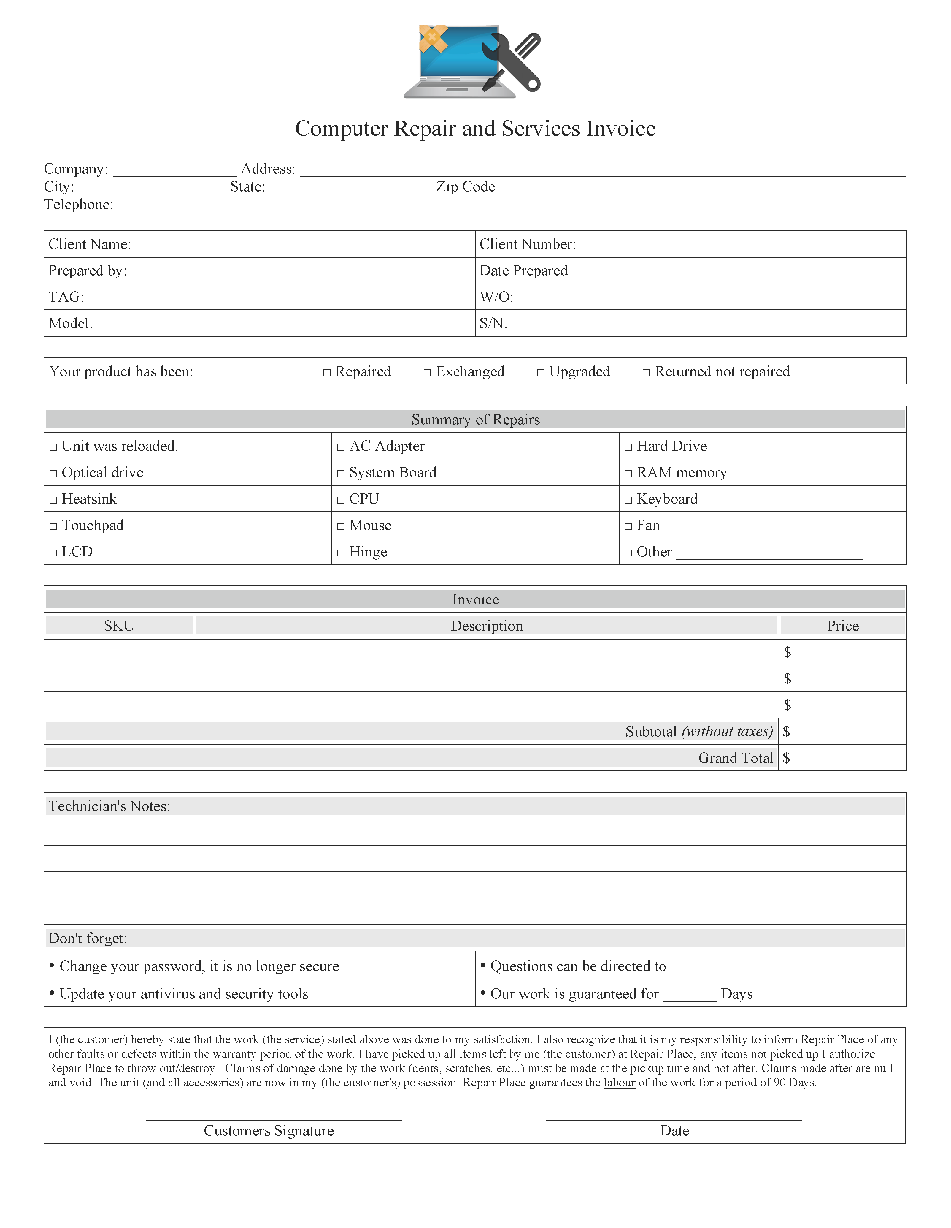 sample computer repair invoice template