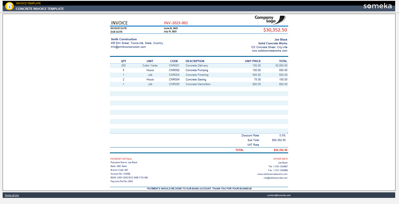 sample concrete invoice template