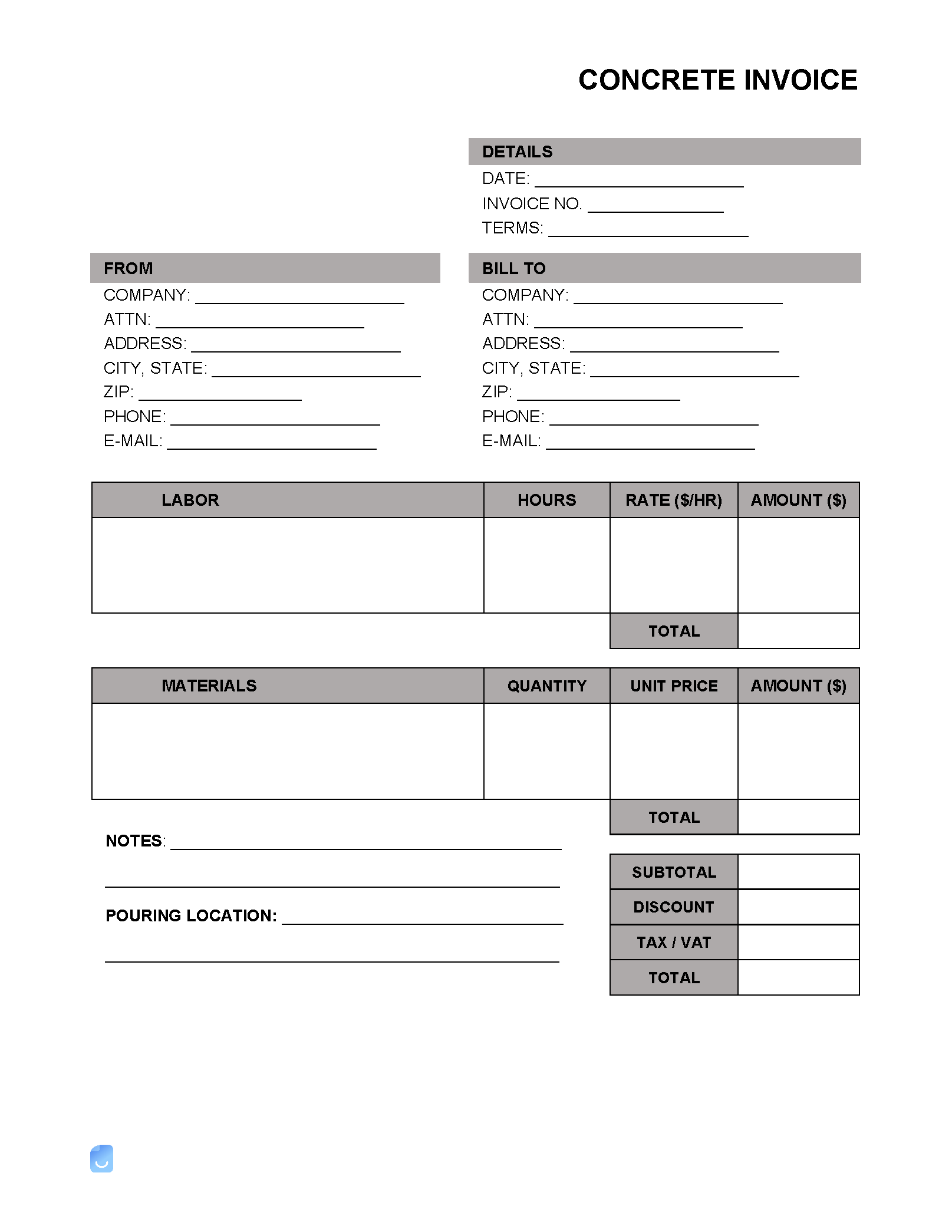 sample concrete invoice template