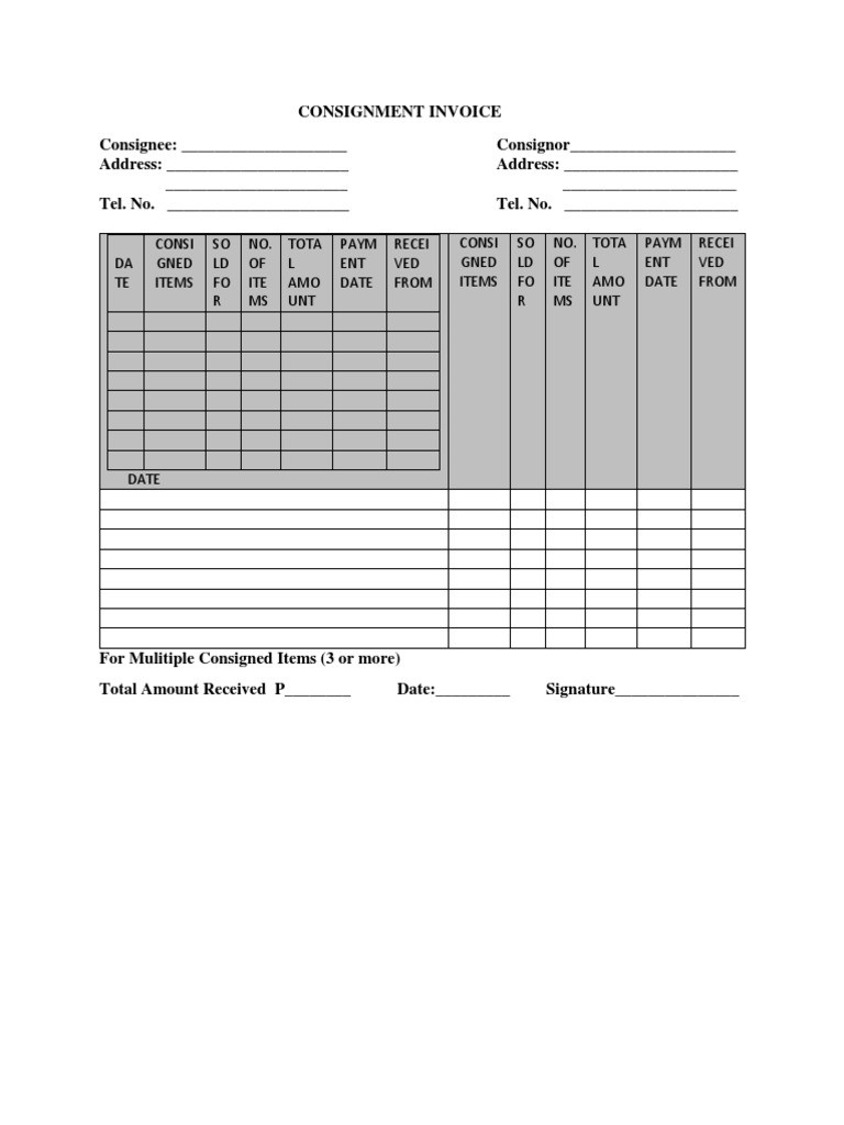 sample consignment invoice template