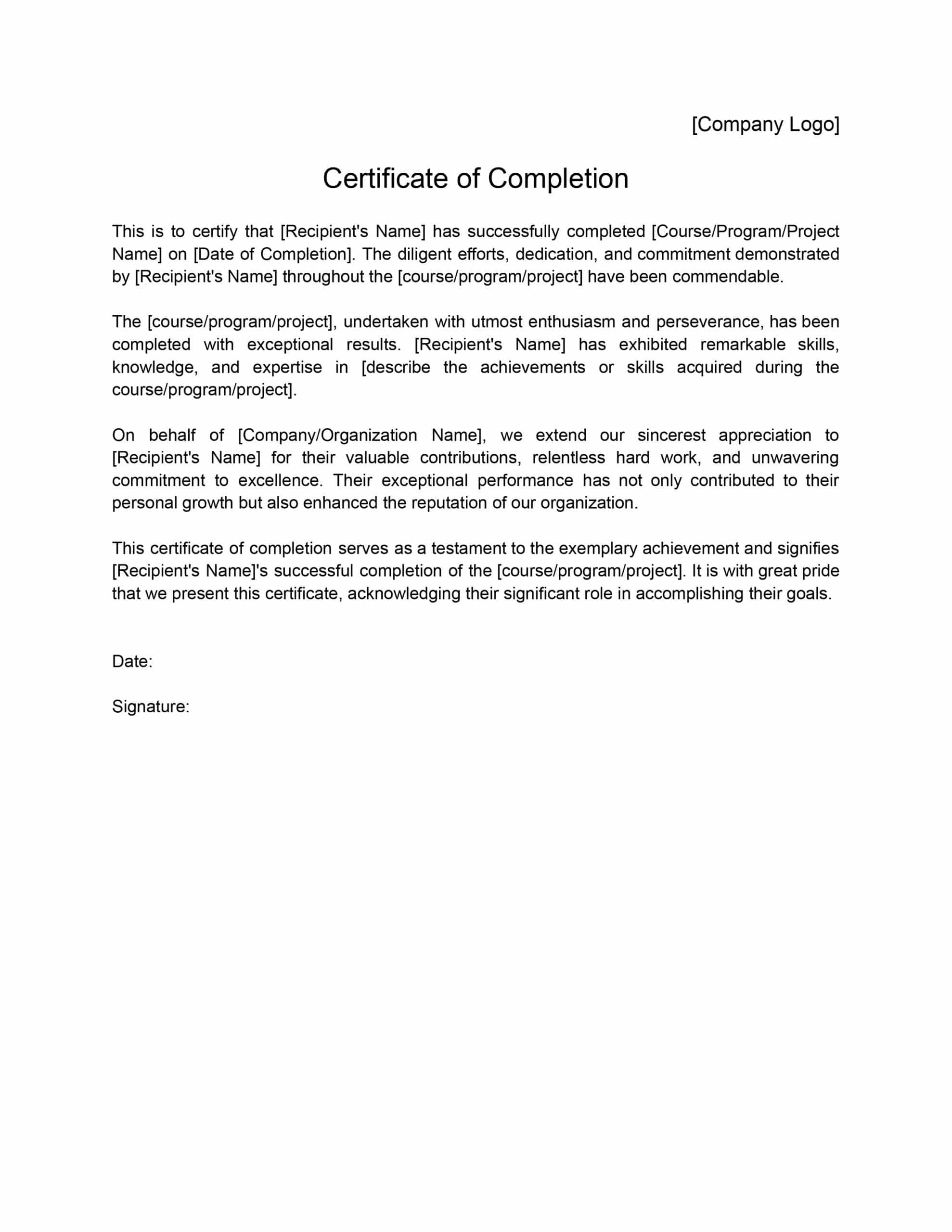 sample construction project completion certificate template