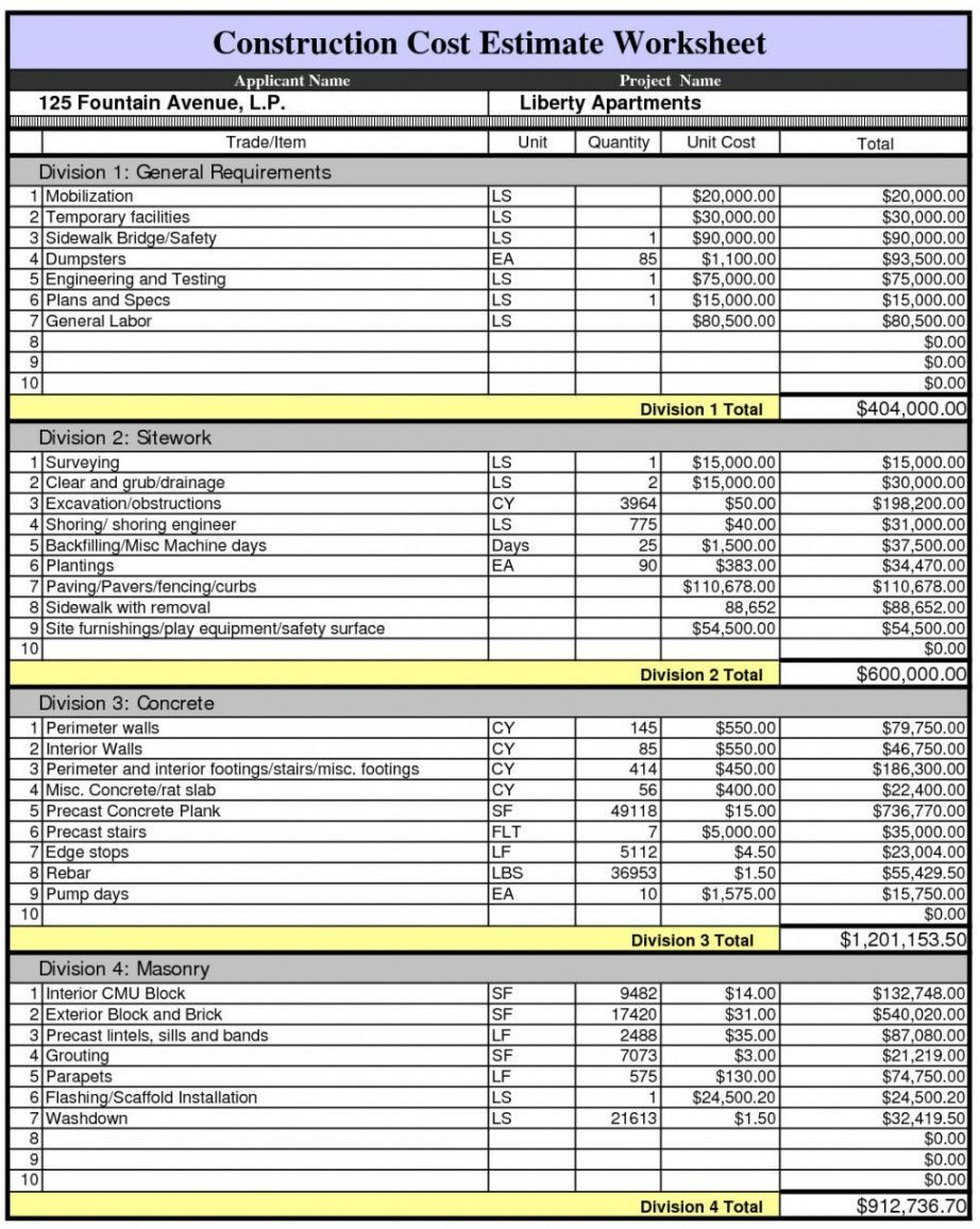 sample building estimate template