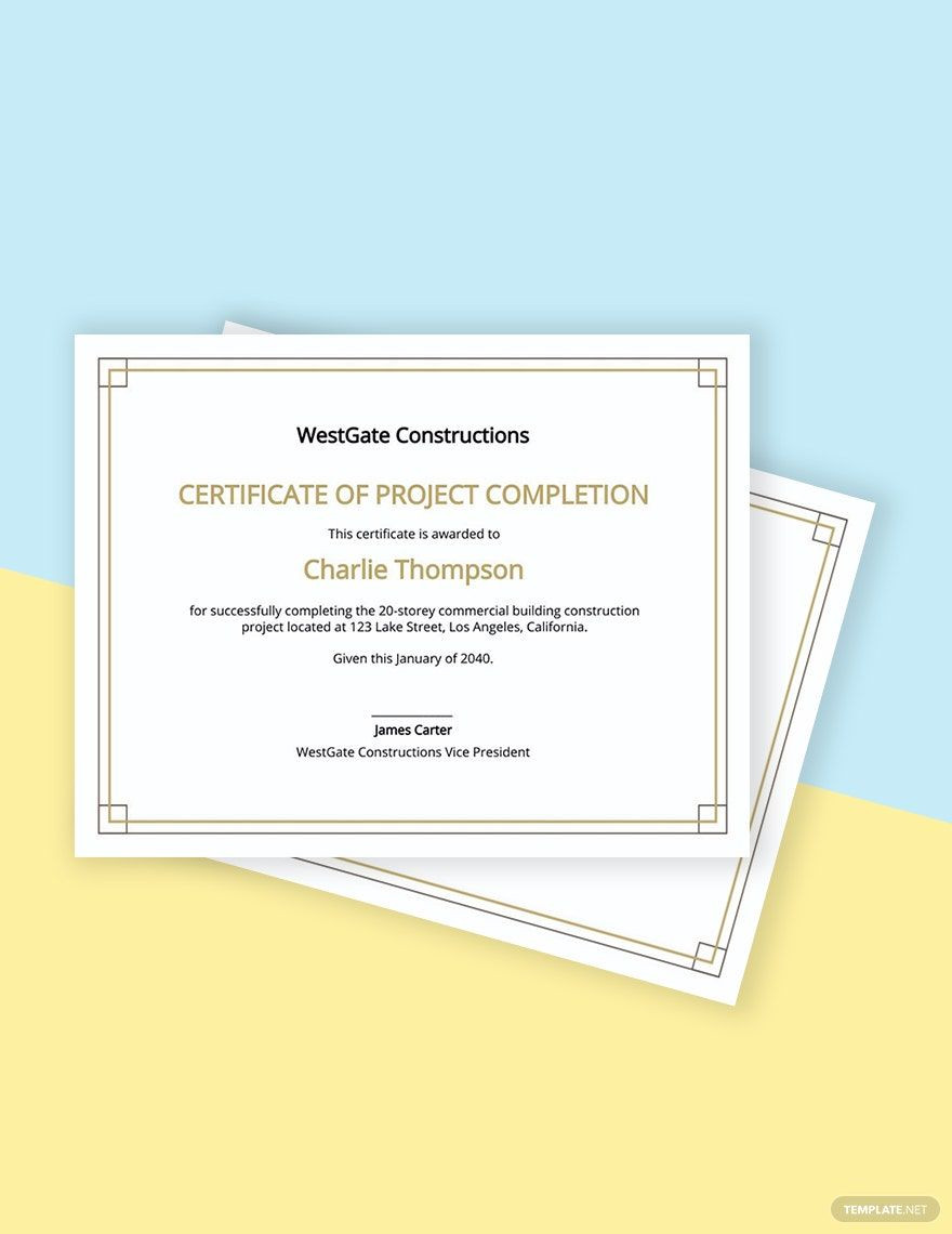 sample construction project completion certificate template