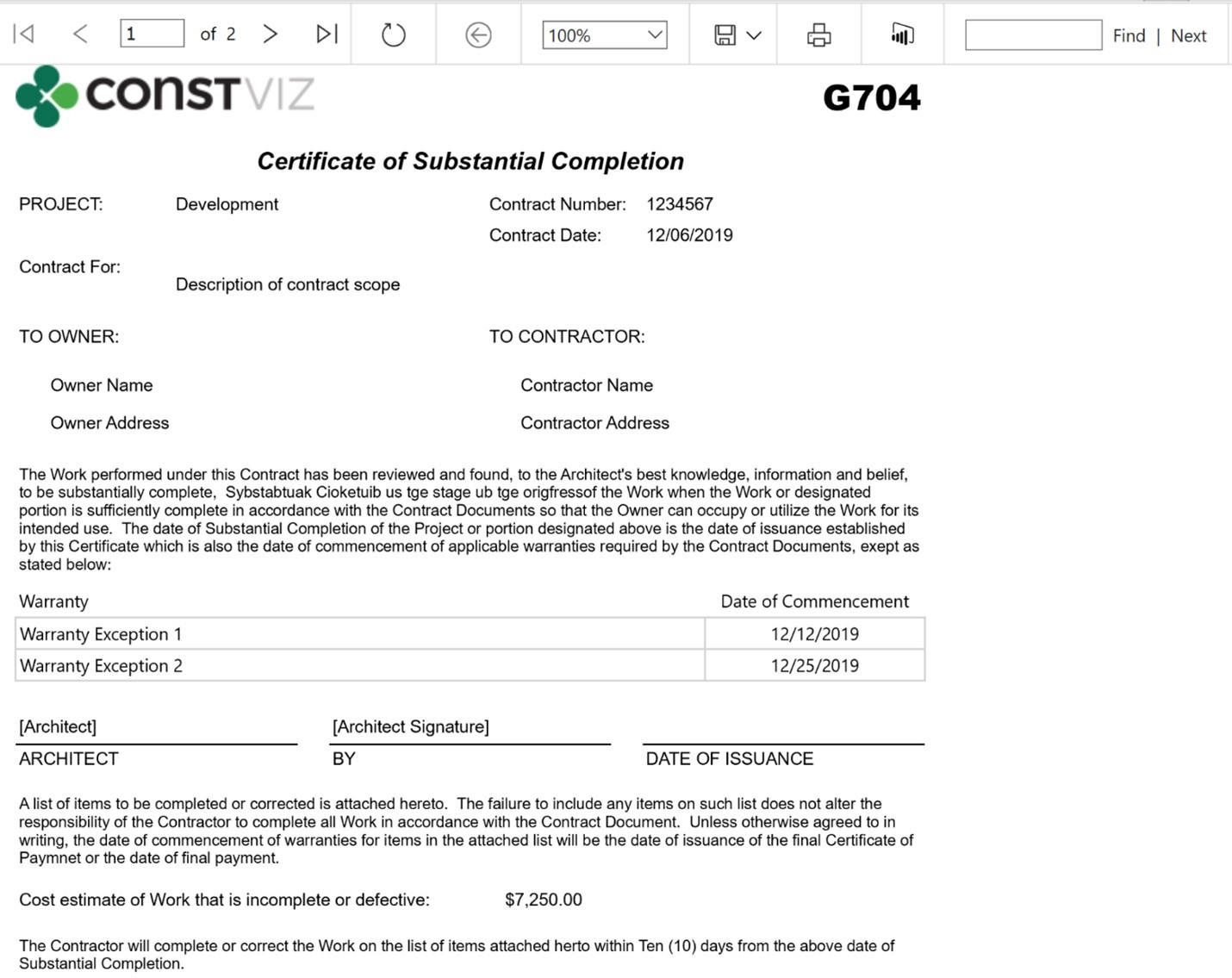 sample substantial completion certificate template