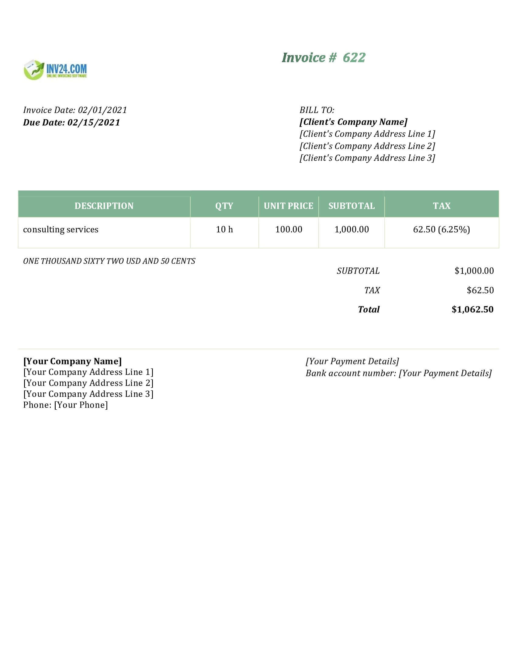 sample invoice for consultant services template