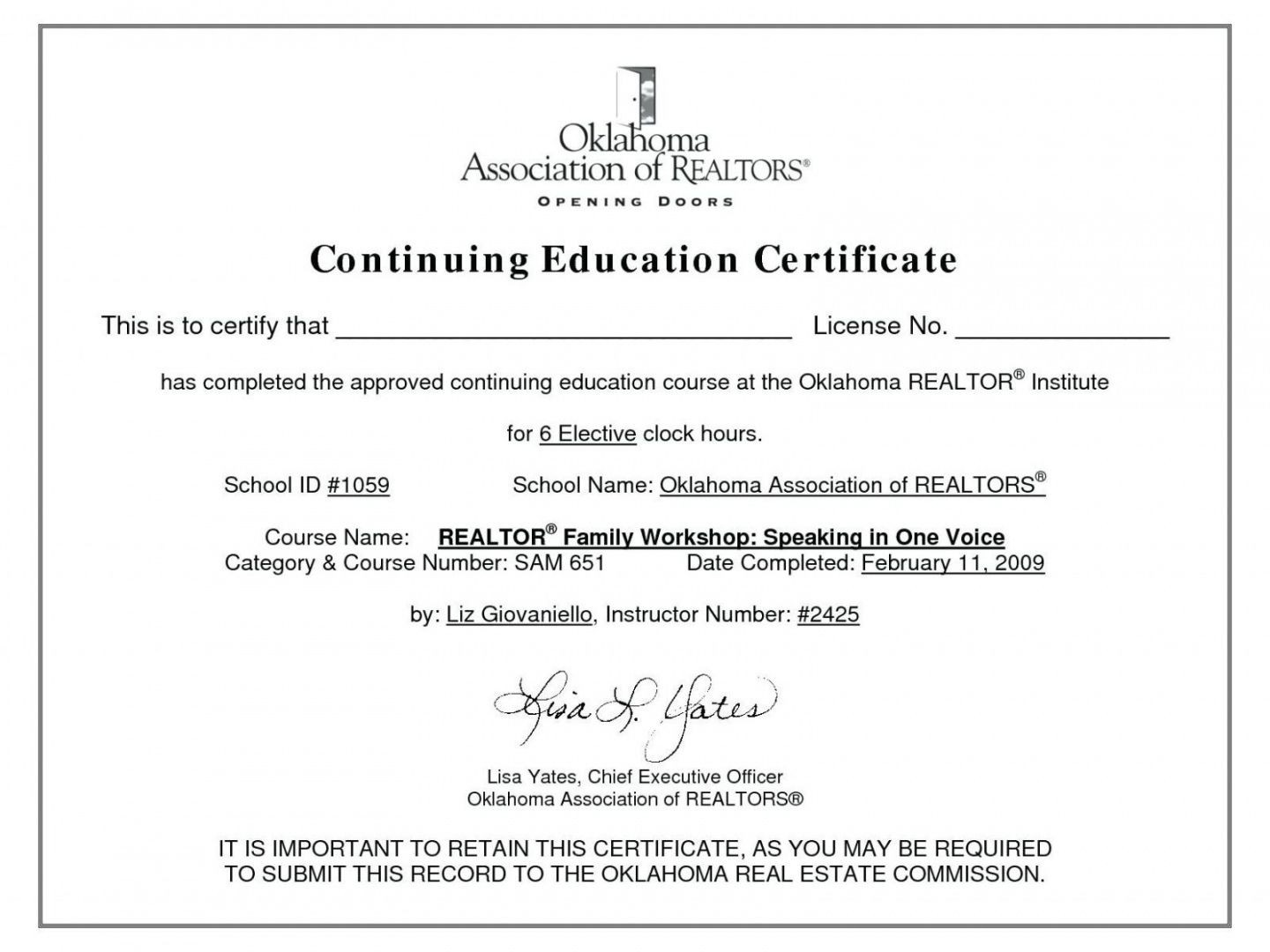 sample Continuing Education Certificate template