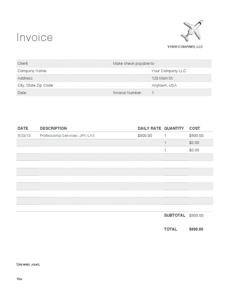 sample contract pilot invoice template