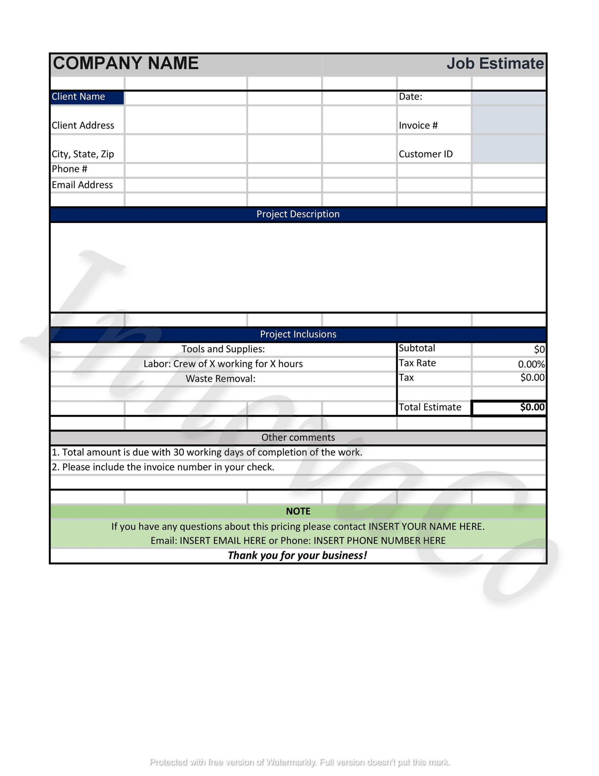 sample handyman estimate template