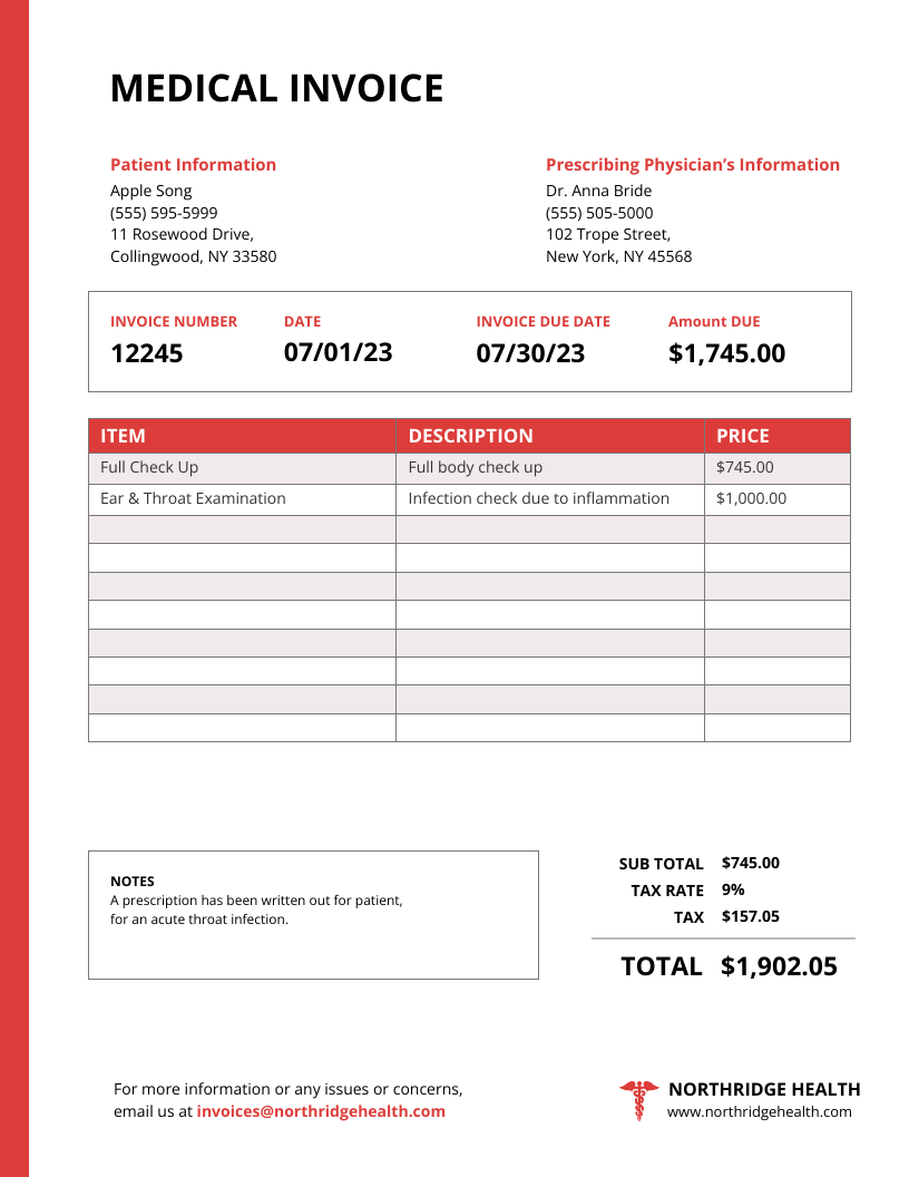 sample medical bill invoice template