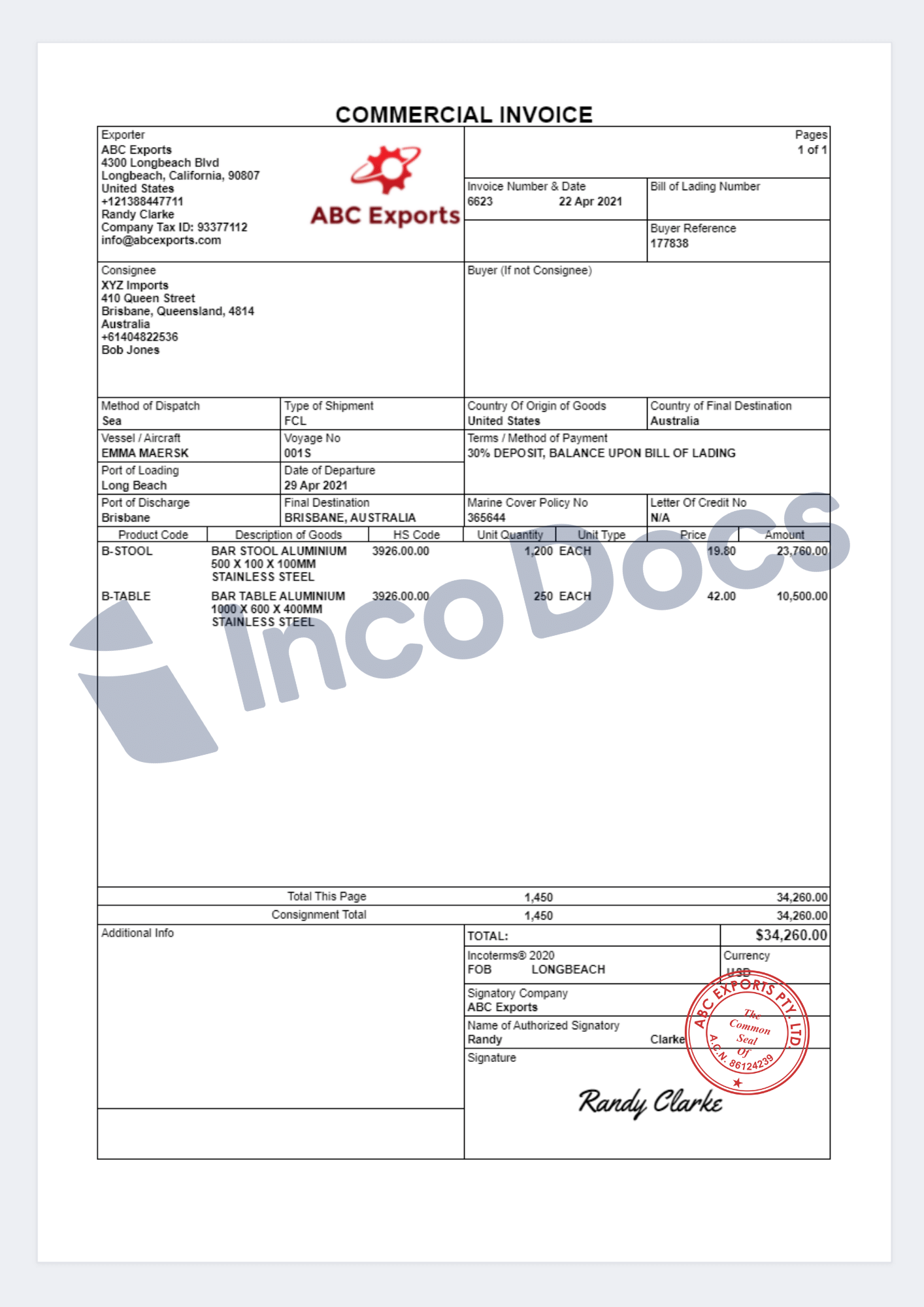 sample international shipping invoice template