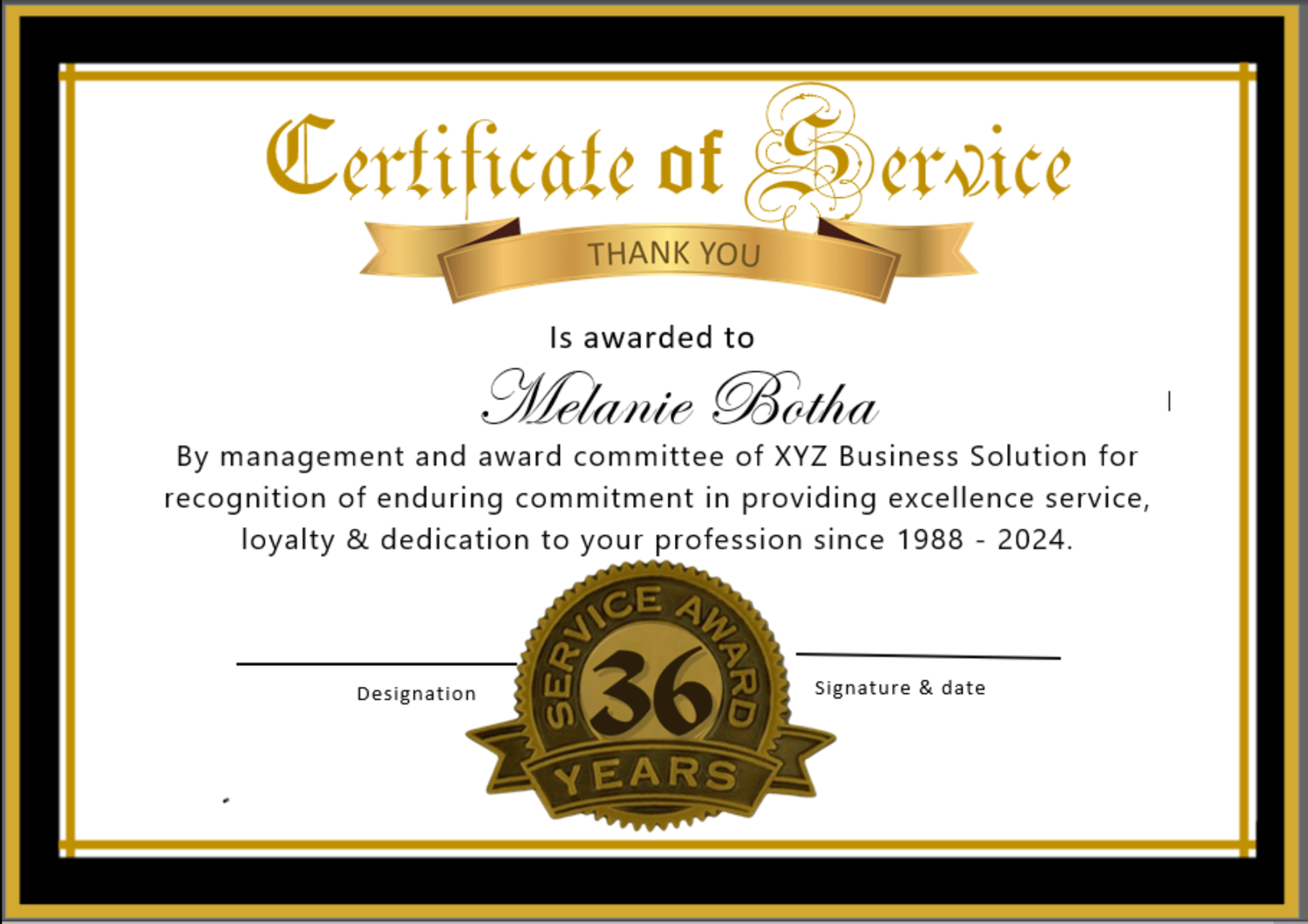 sample Years of Service Certificate template