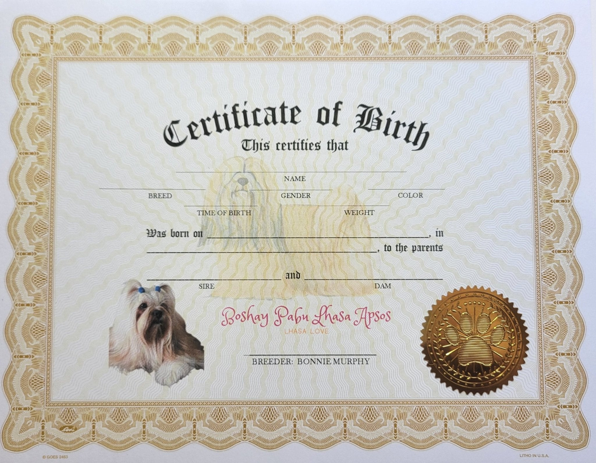 sample dog birth certificate template