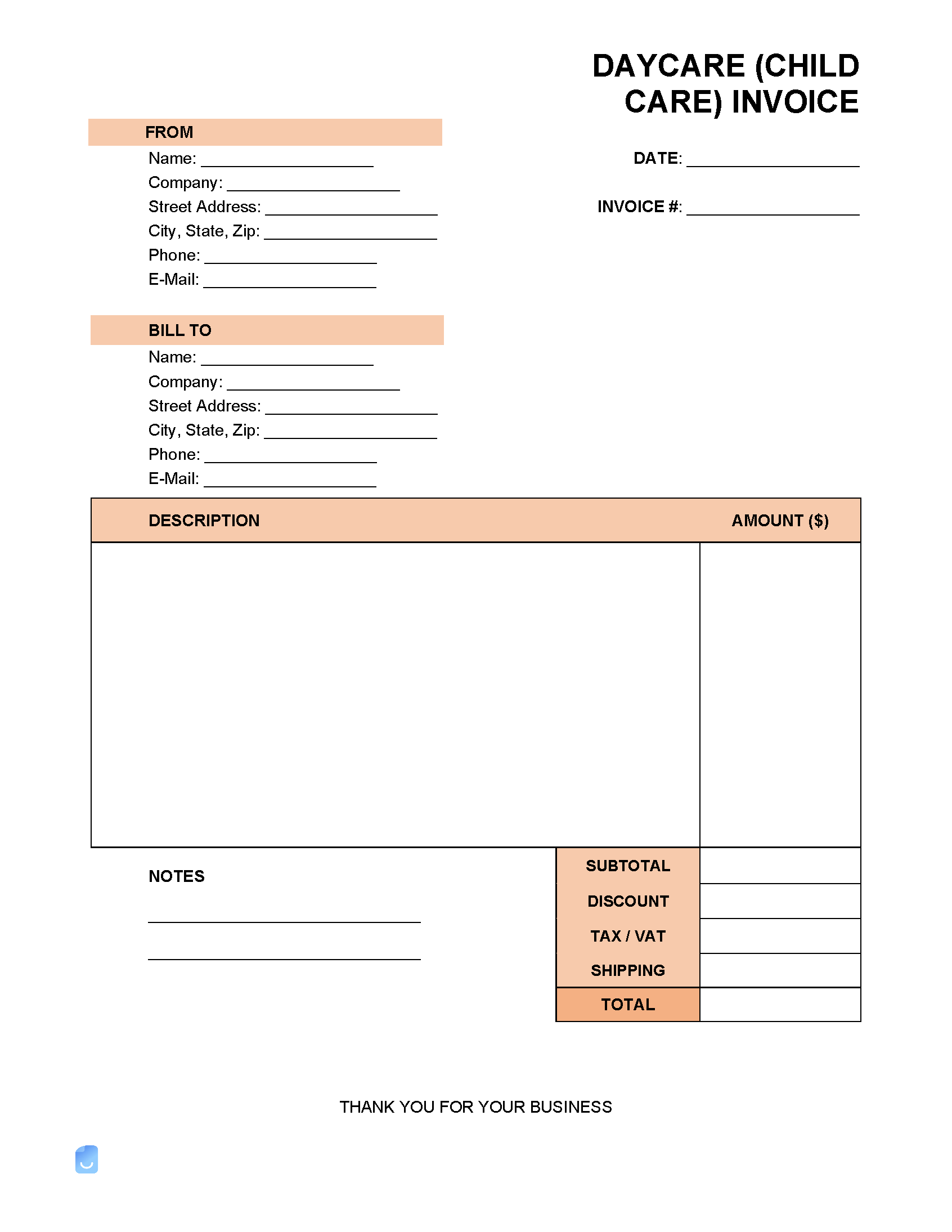 sample childcare invoice template