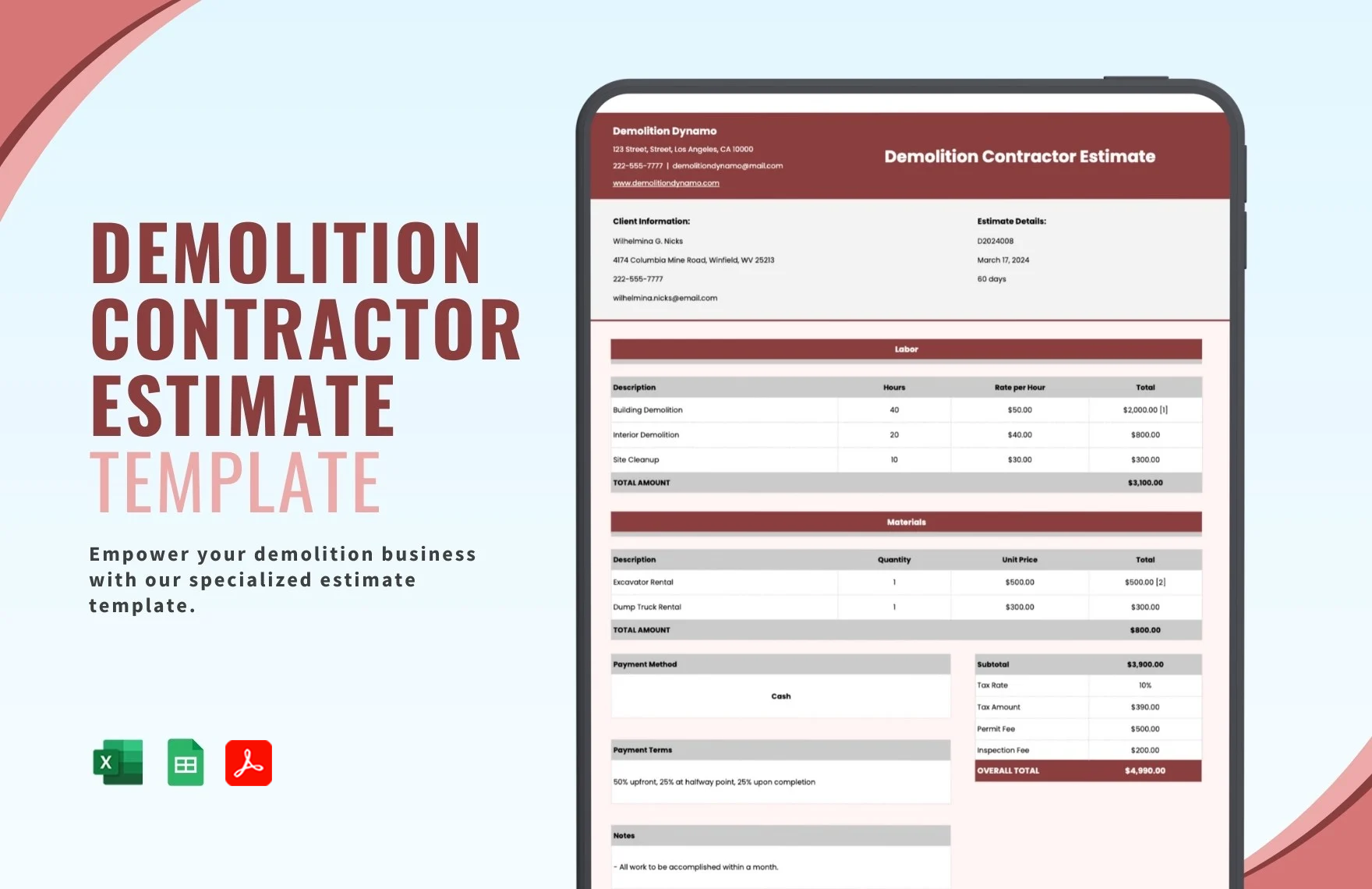 sample demolition estimate template