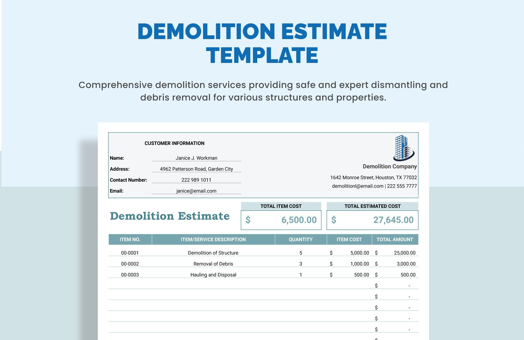 sample demolition estimate template