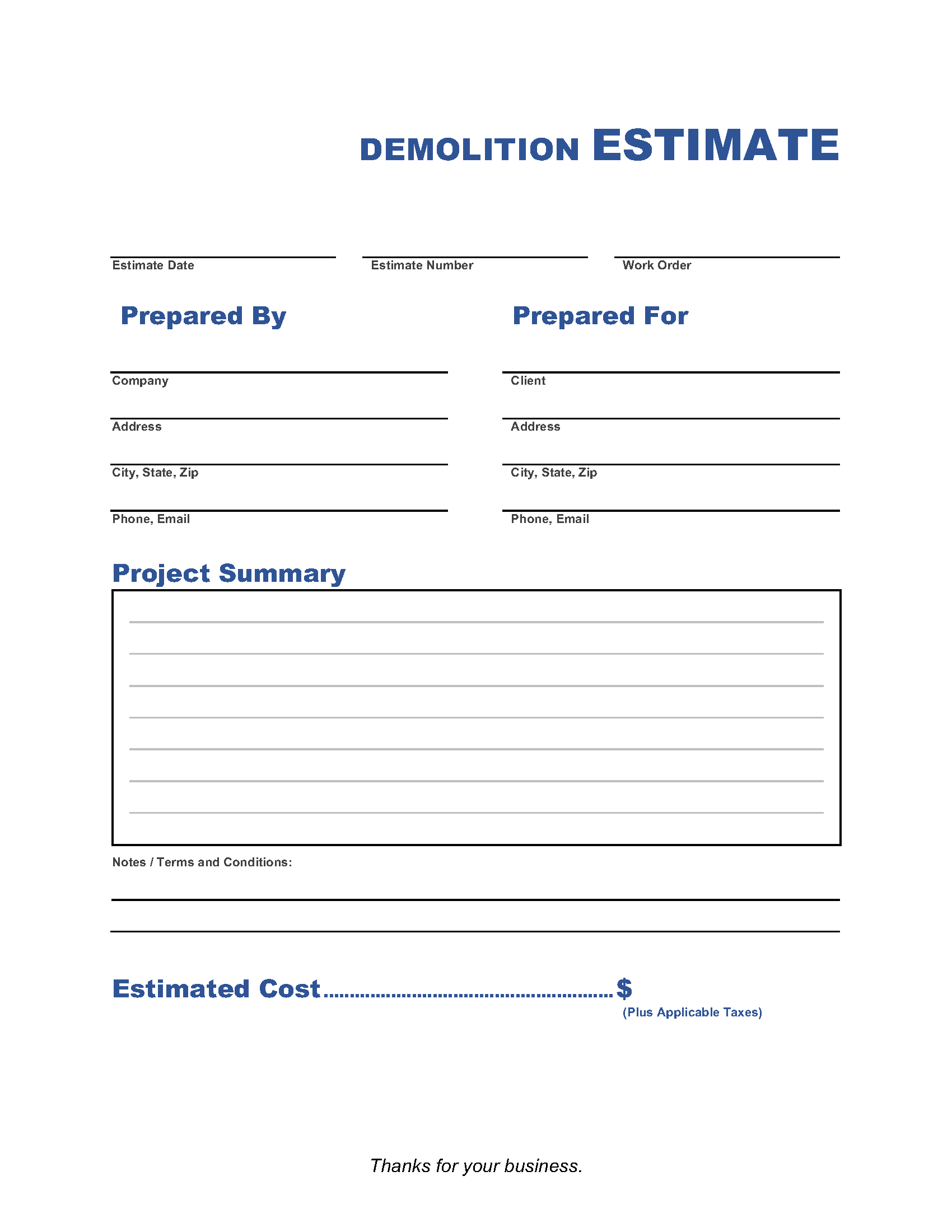 sample demolition estimate template