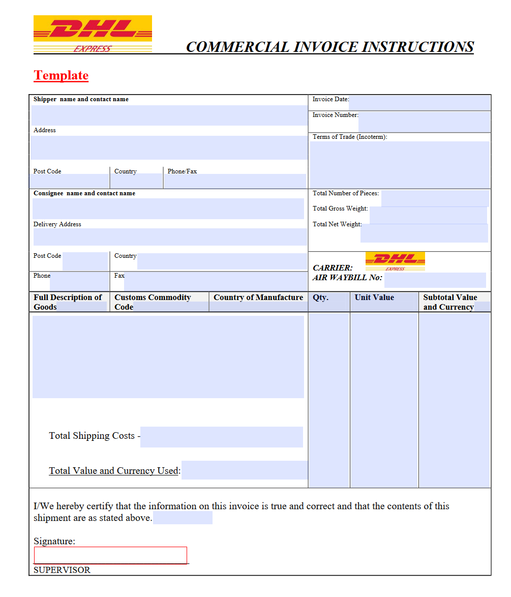 sample DHL commercial invoice template