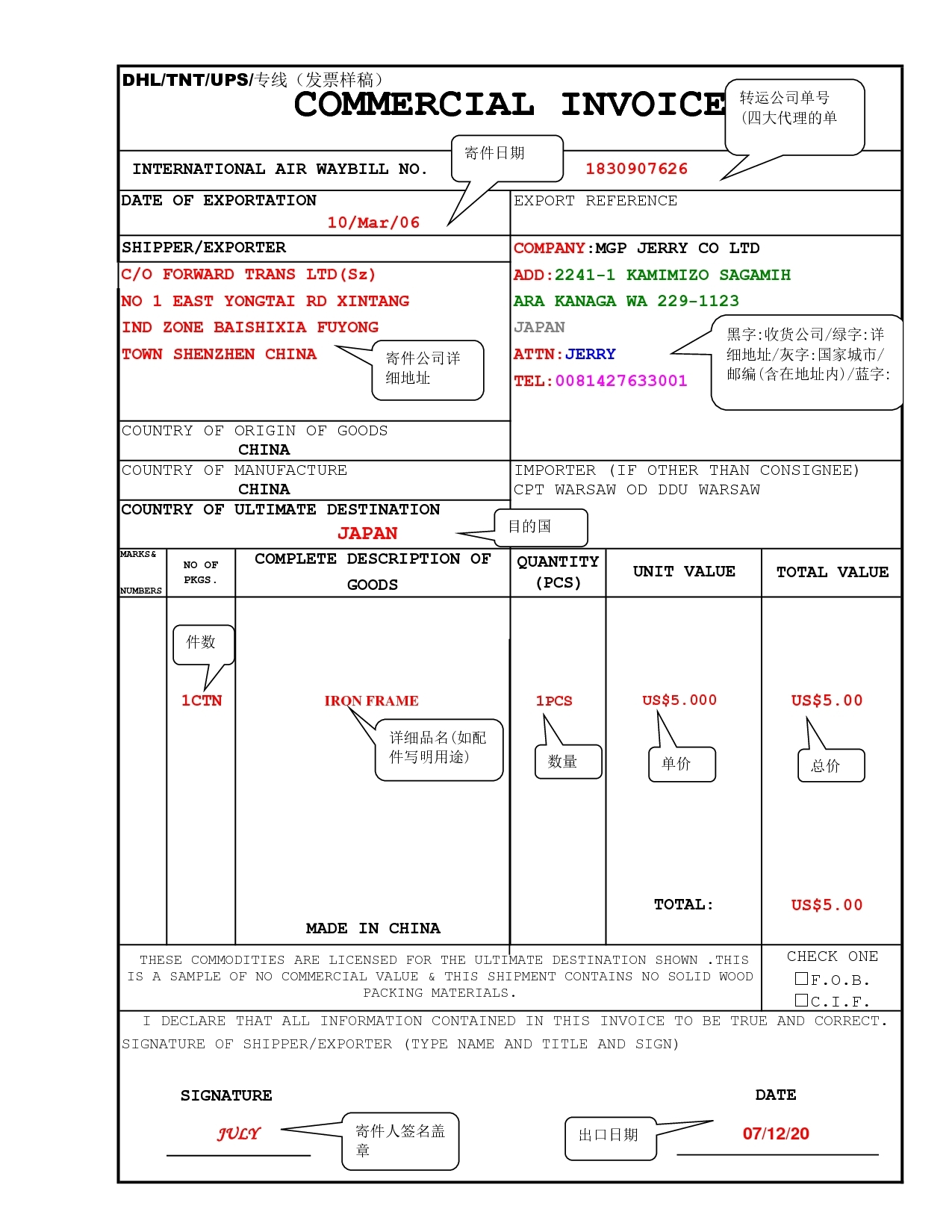 sample DHL commercial invoice template