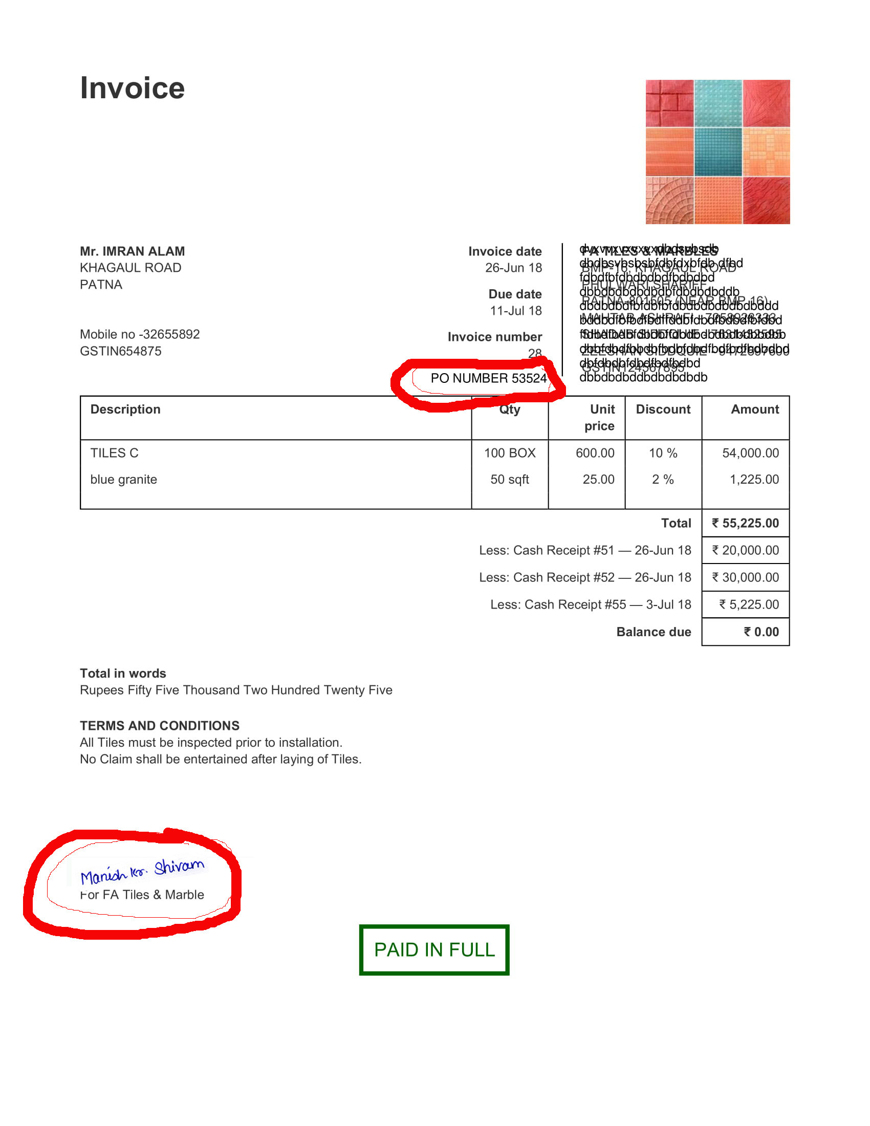 sample invoice with signature template