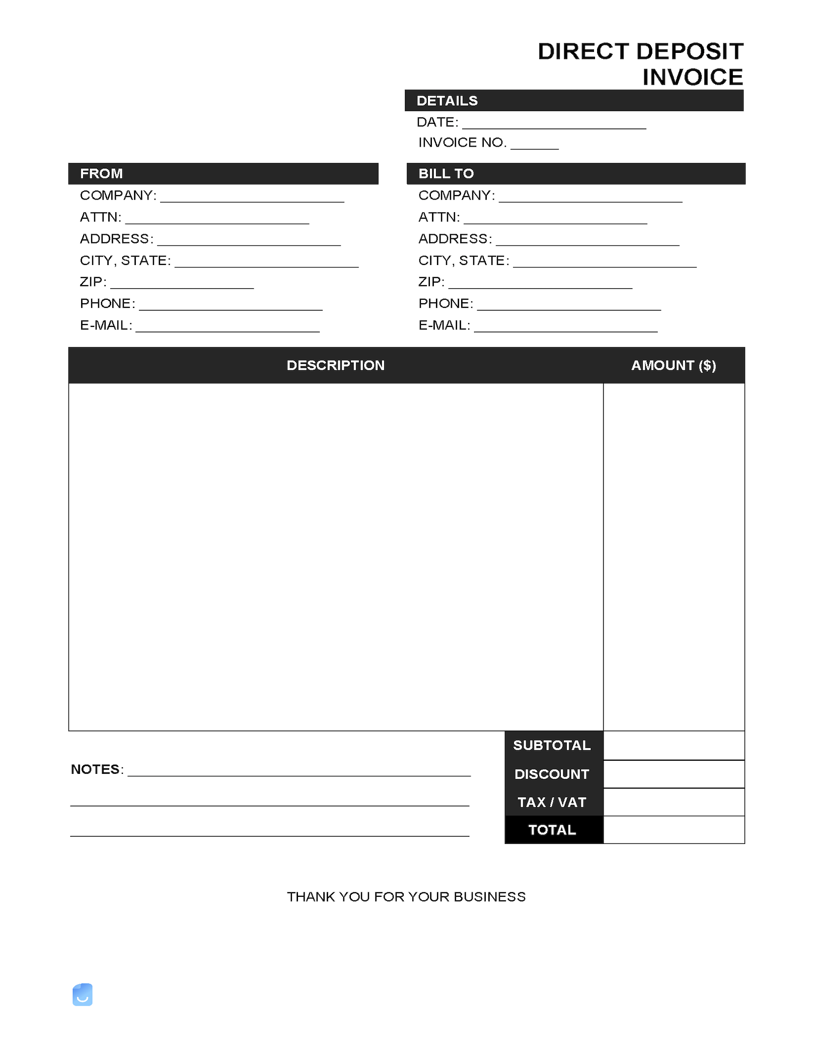 sample direct deposit invoice template