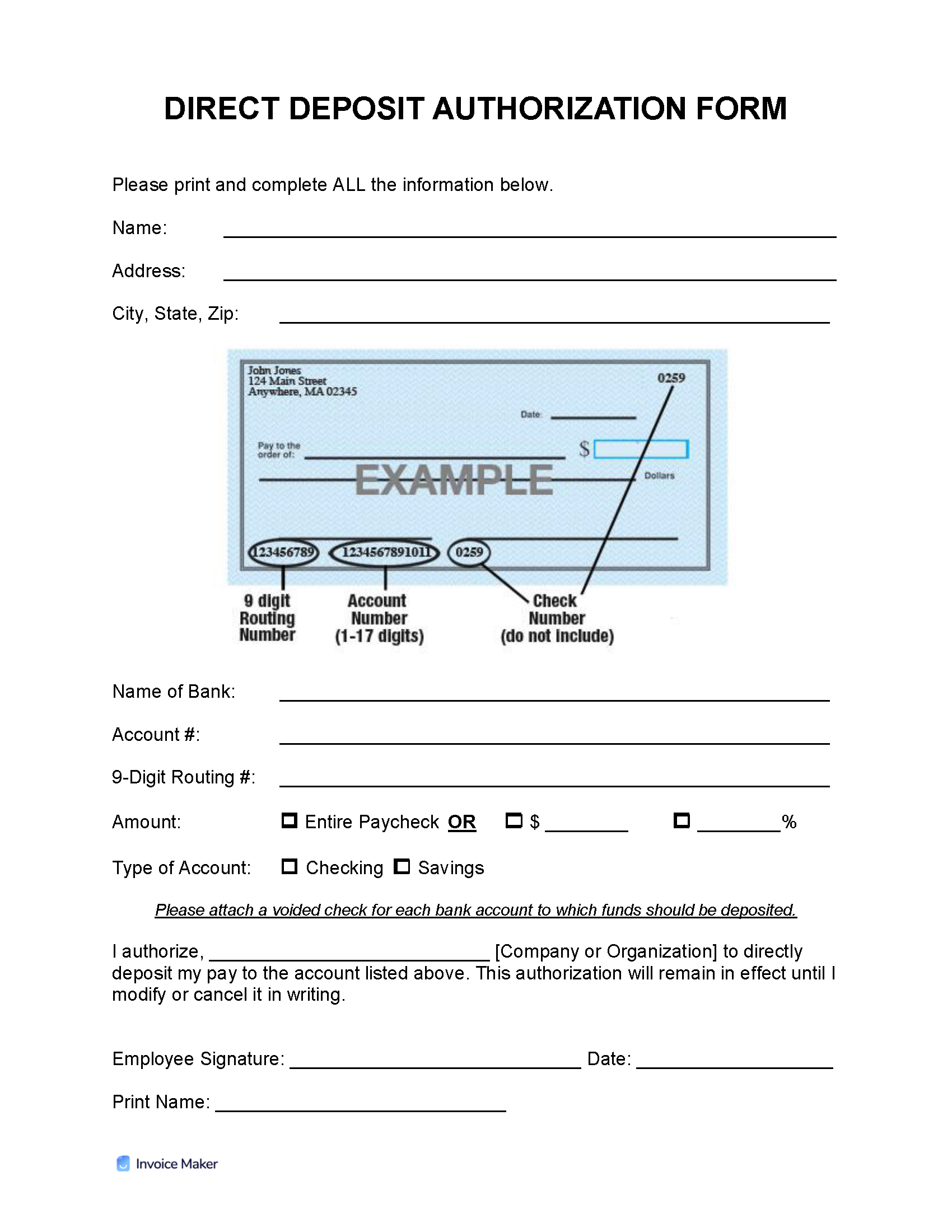 sample direct deposit invoice template