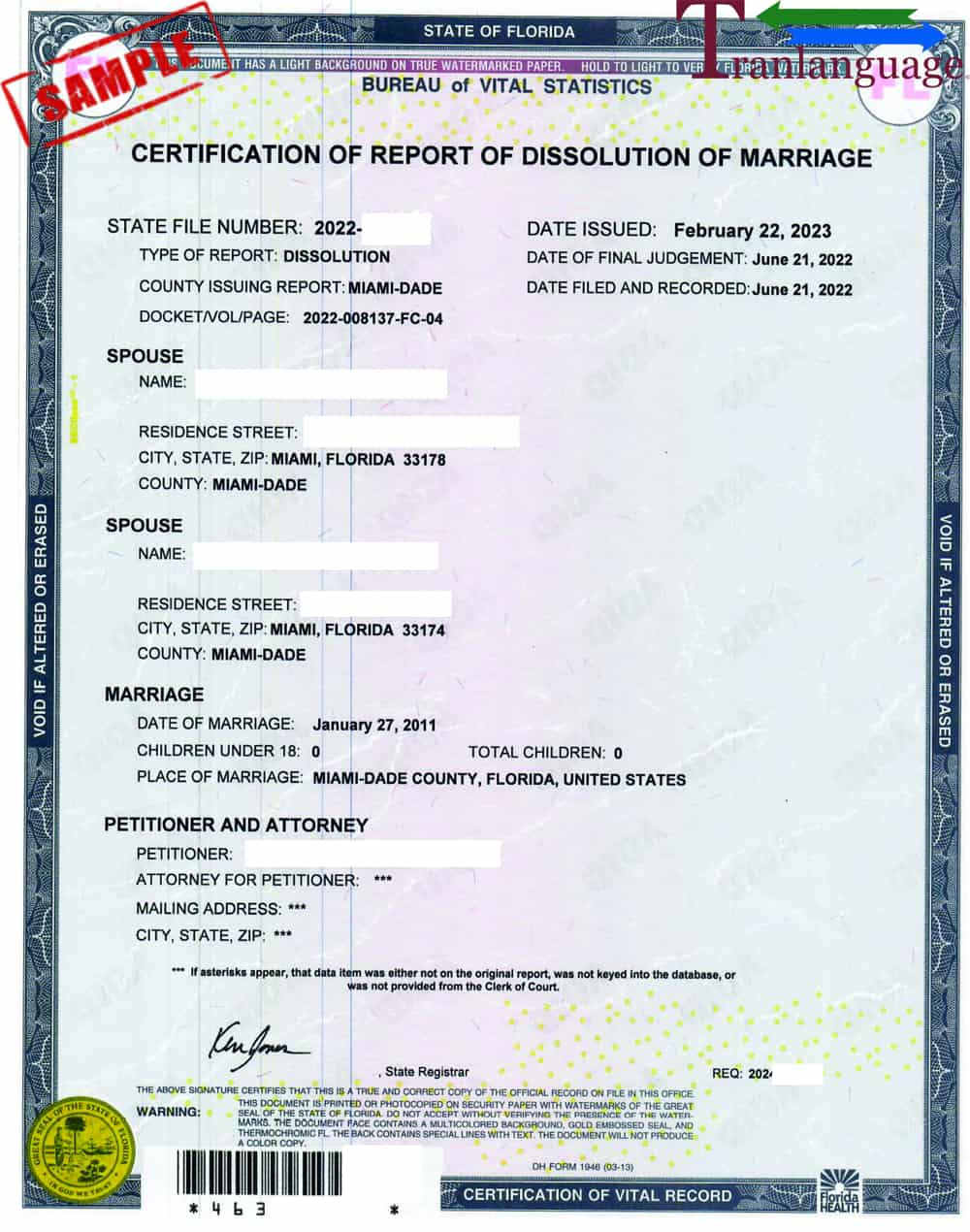 sample divorce certificate template