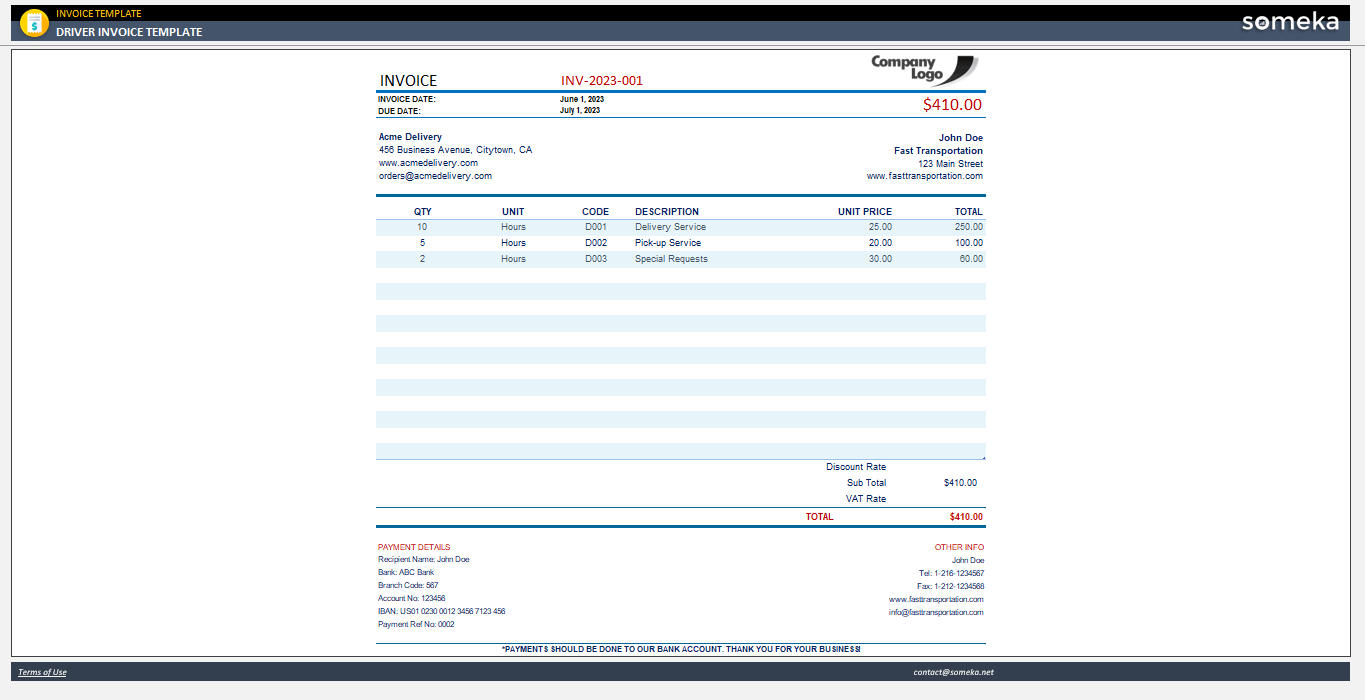 sample driver invoice template